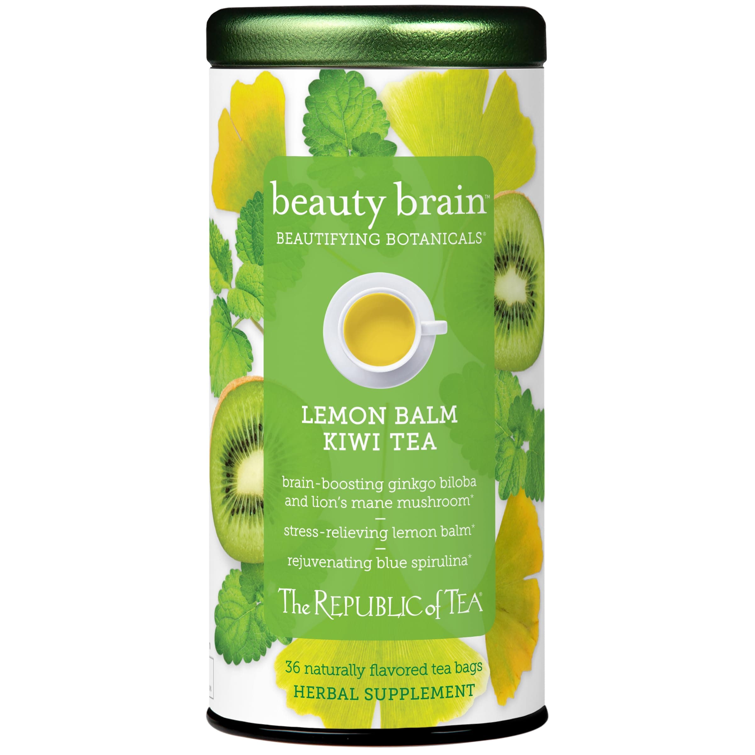 Beauty Brain Beautifying Botanicals Lemon Balm Kiwi Tea, 36 Tea Bags, Herbal Blend, Caffeine Free, Gluten Free