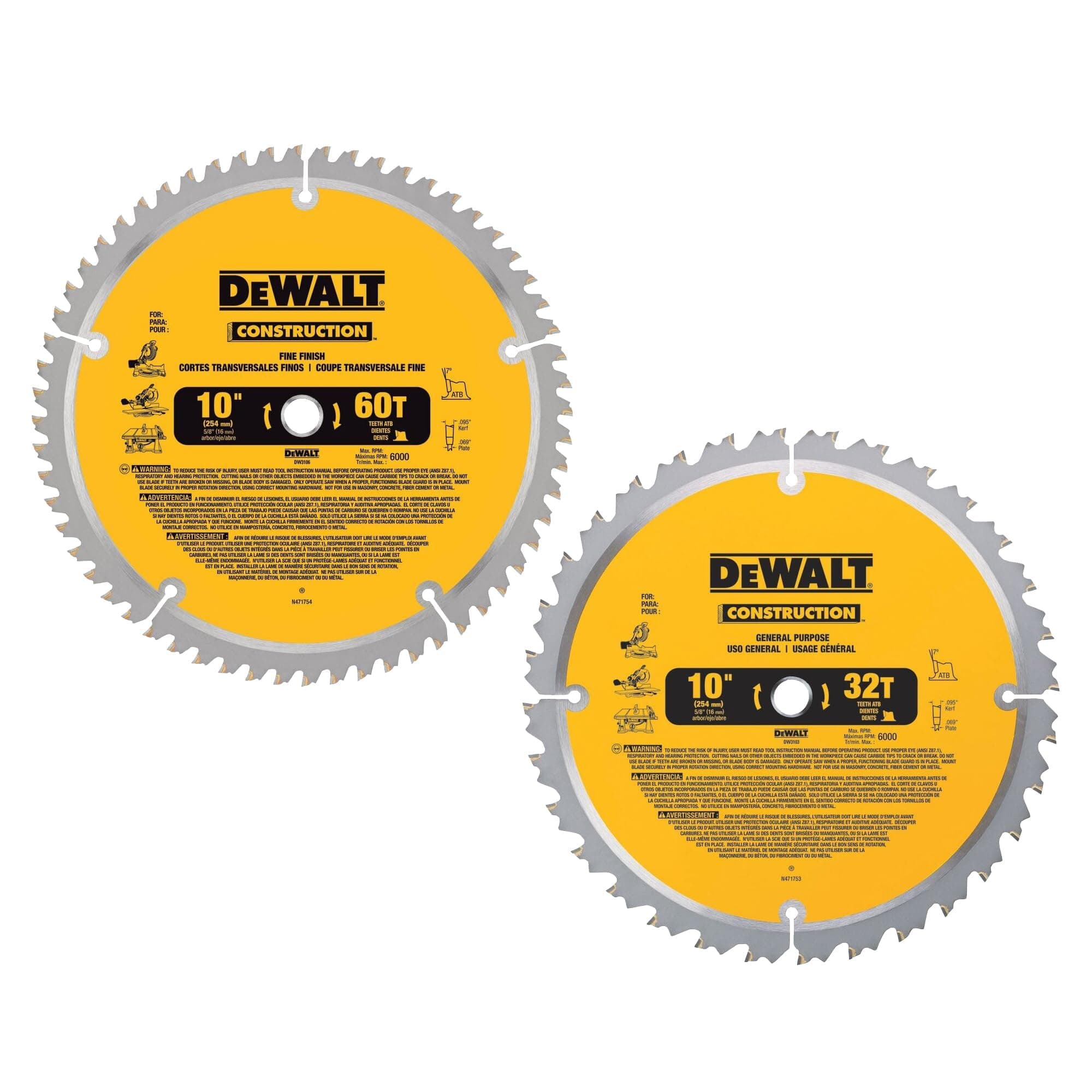 DEWALT 10-Inch Miter Saw Blades/Table Saw Blades, 2-Blade Combo, 60-Tooth & 32-Tooth Pack (DW3106P5)