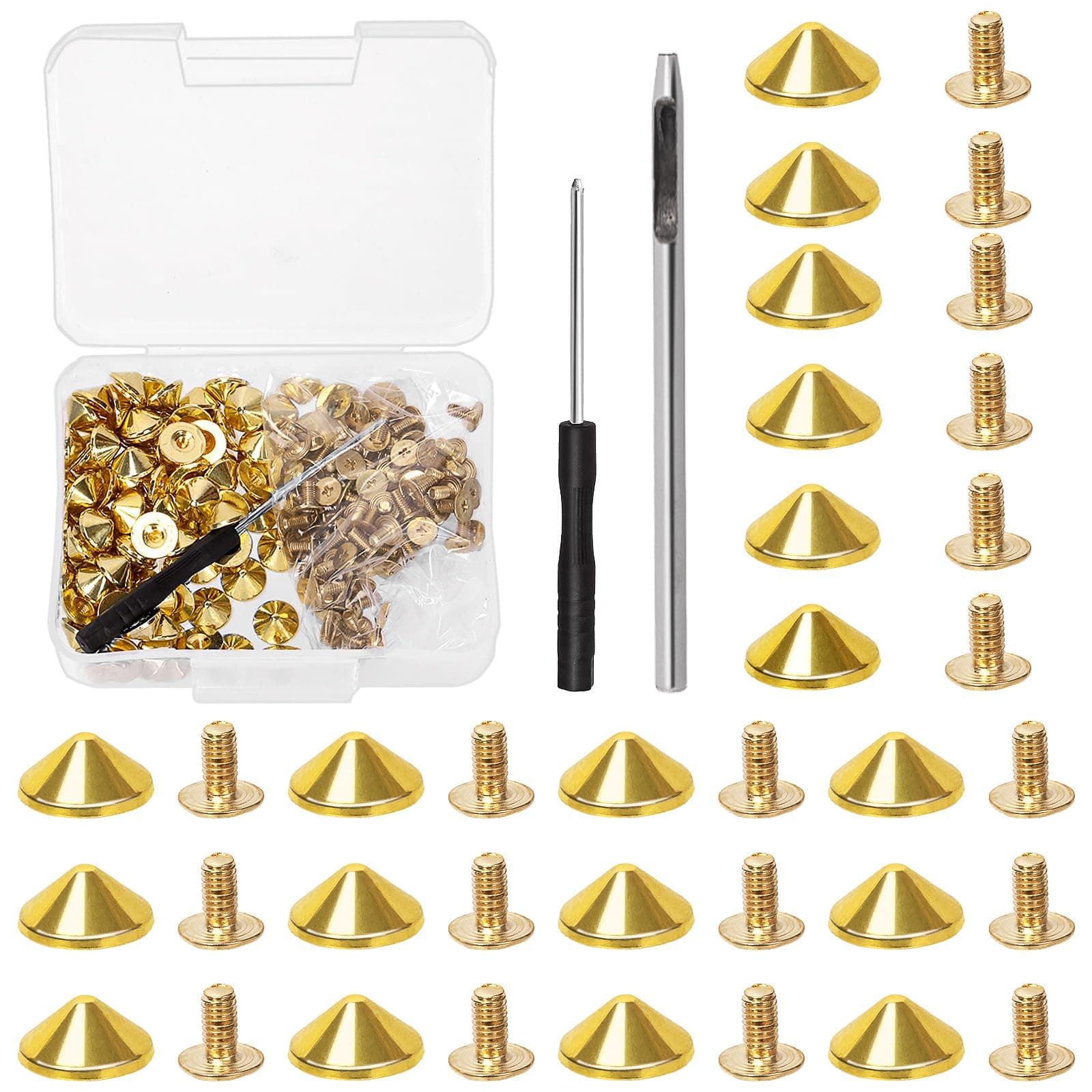 Mardatt 100 Sets 10mm Gold Cone Spikes and Studs with Hole Puncher and Screwdriver, 4.7mm Height Bullet Spike Cone Studs Screw Back Punk Studs and Spikes for DIY Leather Craft
