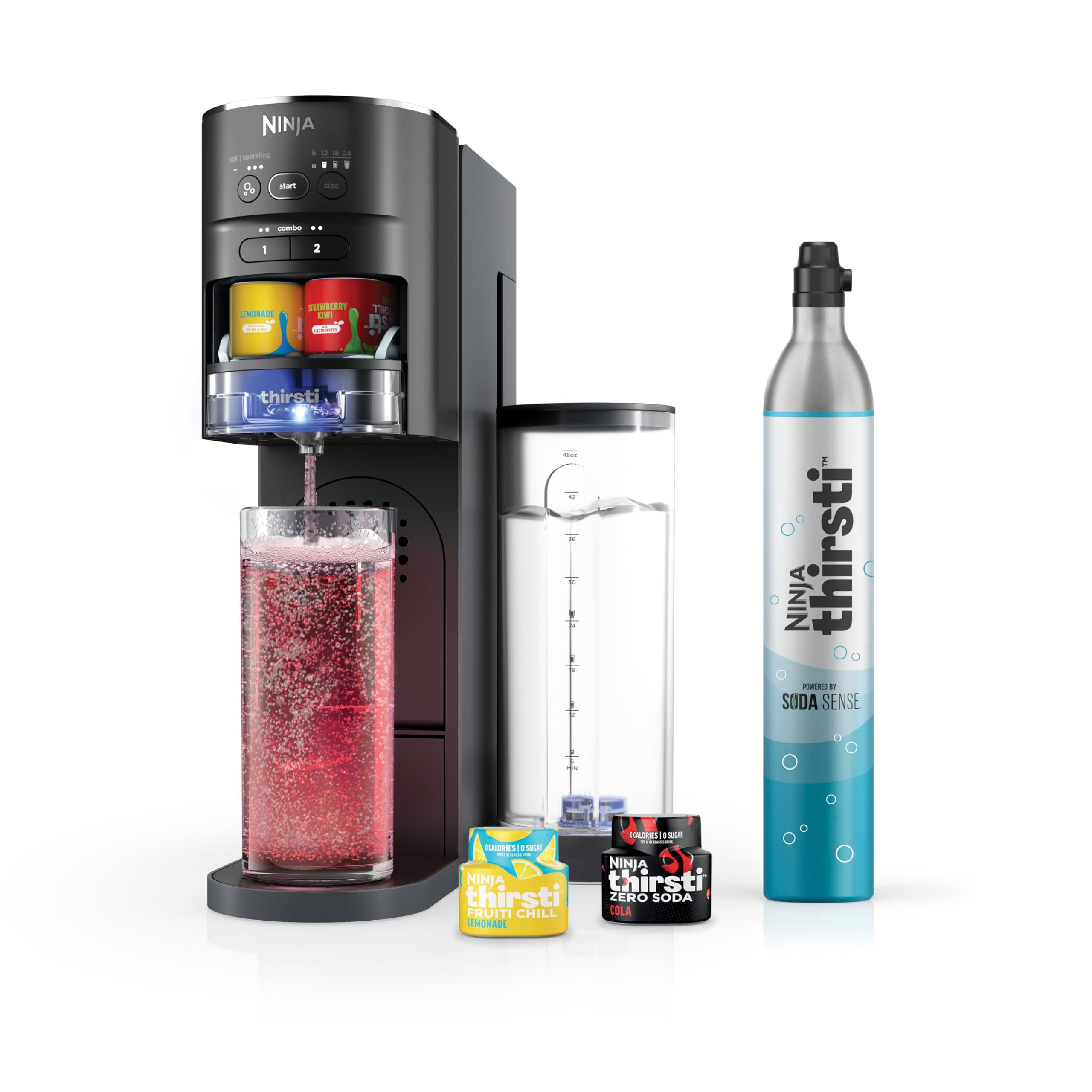 Ninja WC1001 Thirsti Drink System makes Sparkling & Still Water, 6 24-oz Sizes, Includes 60L CO2 Cylinder & 8 Flavored Water Drops, Black, 13.976 x 13.976 x 16