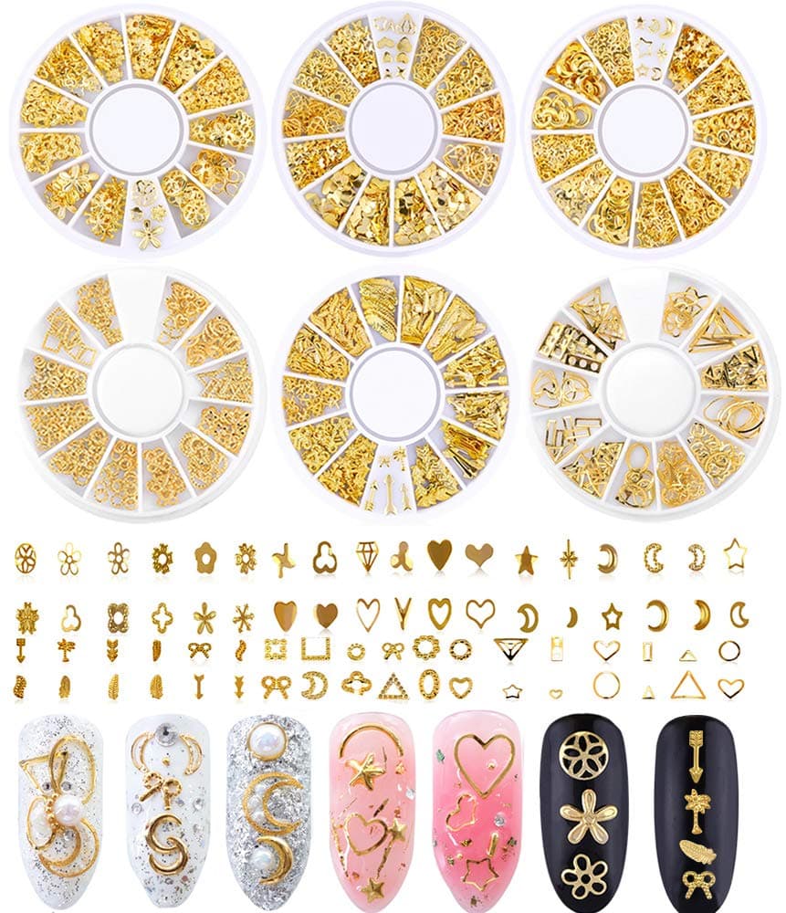 AnnymallNail Studs for Women - 6 Boxes Gold Metal Punk Star Moon Heart Triangle Square Rivet Gems Nail Art Jewels Decal for Girls Fingernails & Toenails Decorations Tips Manicure