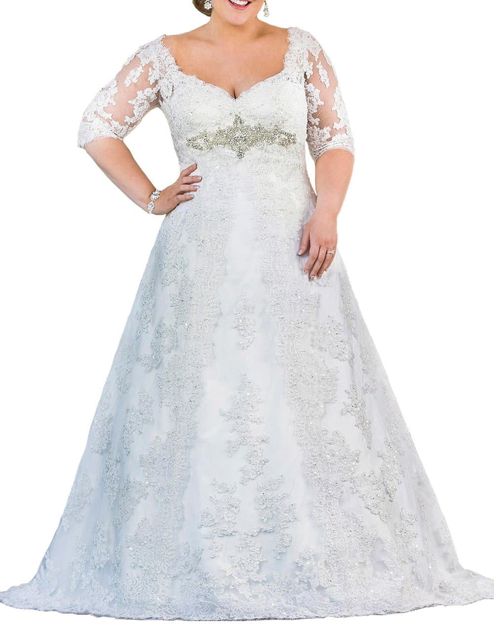 Women's V-Neck Plus Size Wedding Dresses for Bride Lace Applique Bridal Gowns White 26