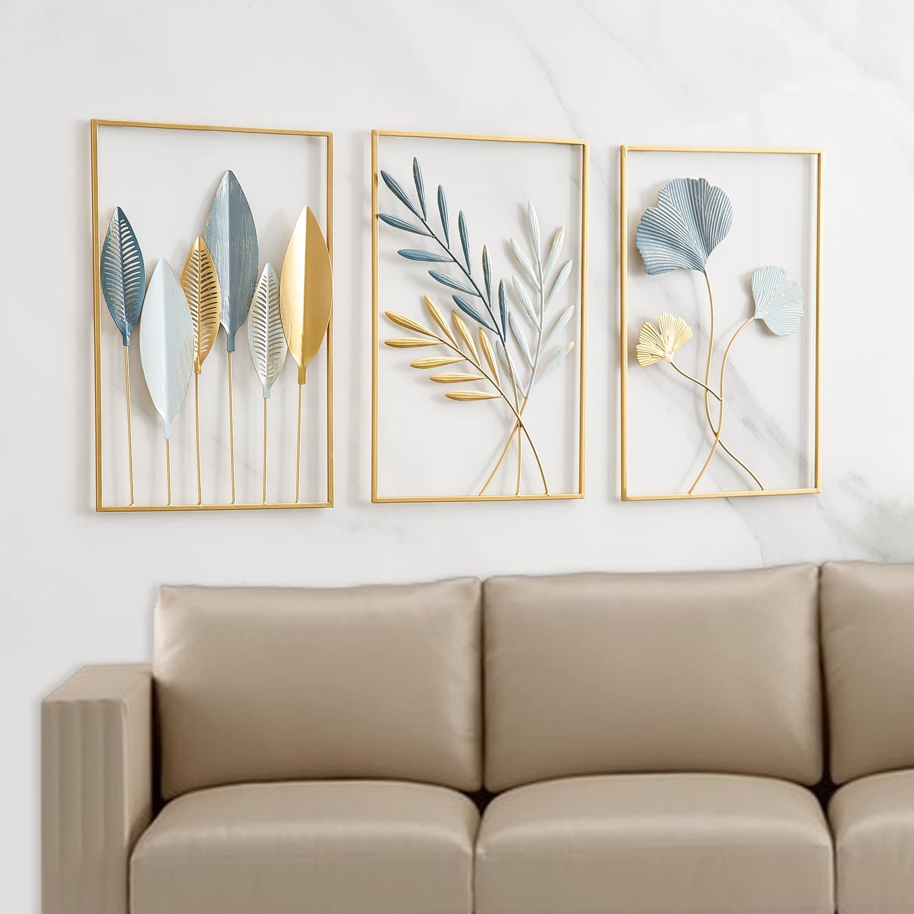 3PCS Gold Metal Wall Decor Leaf Wall Hanging Decoration, FJS Metal Wall Art Home Decor for Living Room Office Bedroom Hotel (Ginkgo Leaves&Palm Leaves&Pointed Banana Leaves）