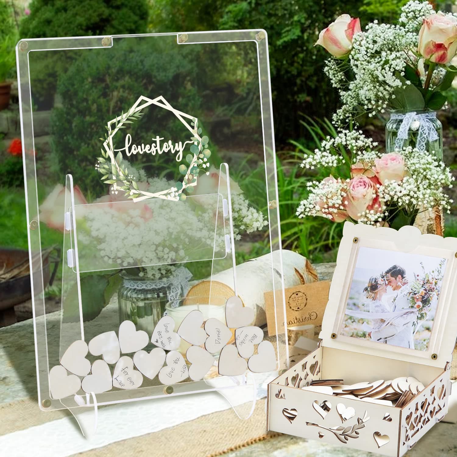 AerWo Wedding Guest Book Alternative, Guest Book Wedding Reception, Acrylic Guest Book Drop Box with Stand, Plywood Box, 100 Wooden Hearts and Marker Pen, Wedding Signs for Ceremony and Reception