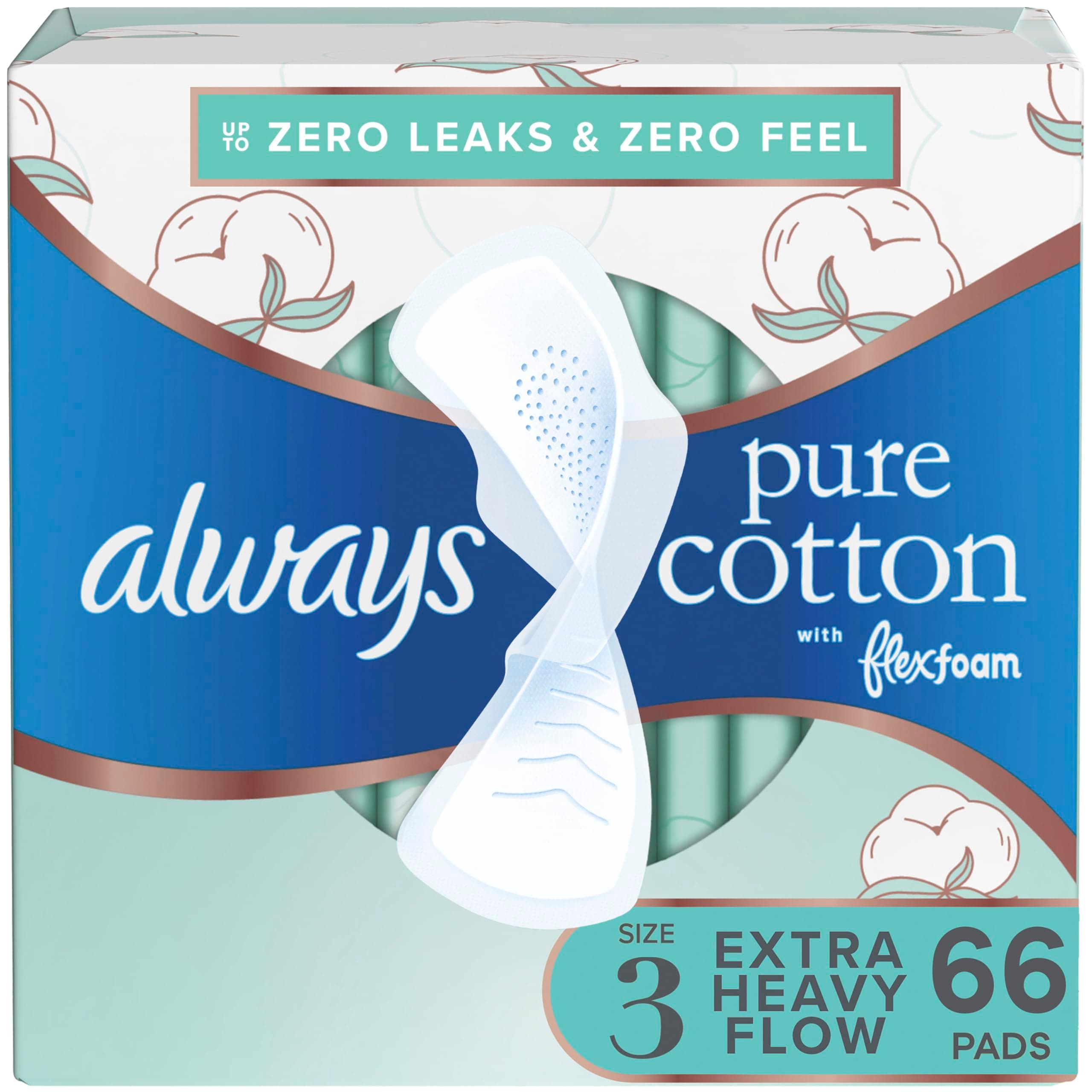 Always Pure Cotton Feminine Pads for Women, Size 3, Extra Heavy Flow, with wings, Unscented, Free of Dyes, Fragrances, and Chlorine Bleaching, 22 Count x 3 Packs (66 Count total)