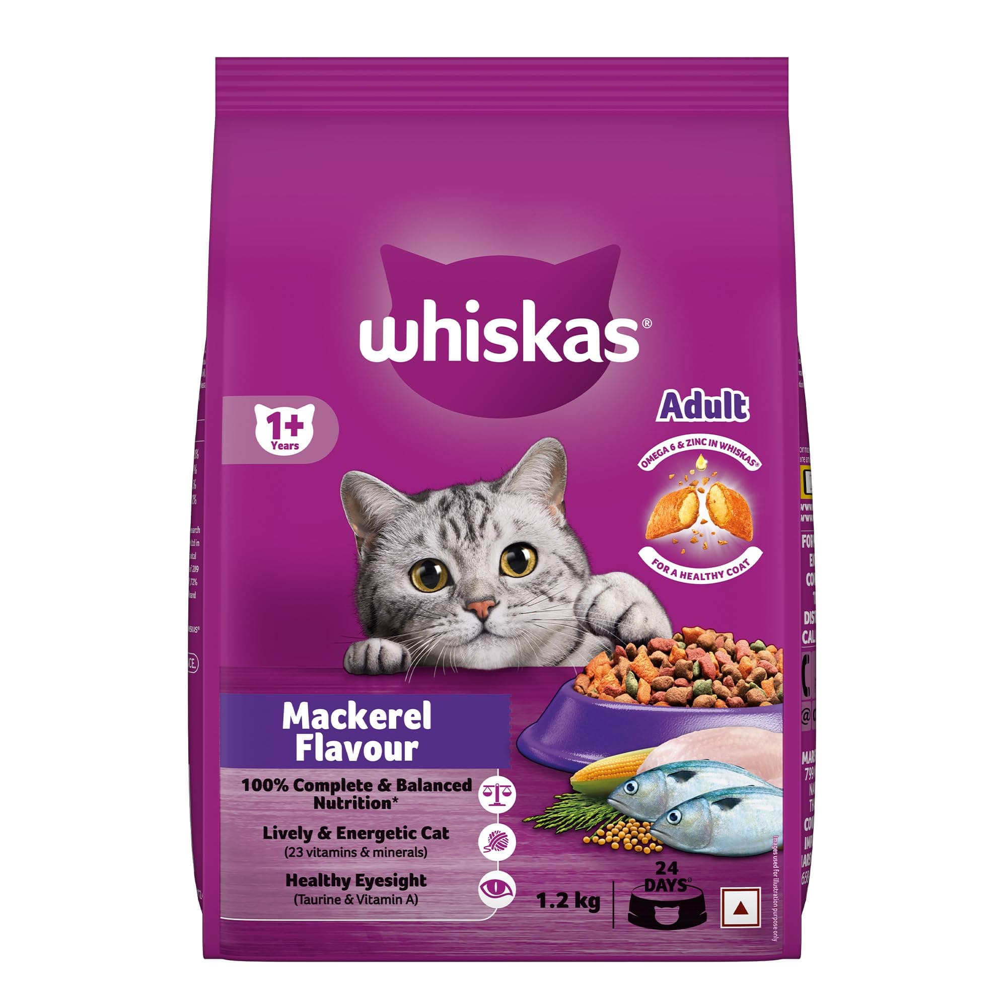 Whiskas Adult (1+ Years) Dry Cat Food, Mackerel Flavour, 1.2 kg, Contains 41 Essential Nutrients, Complete & Balanced Nutrition for Adult Cats