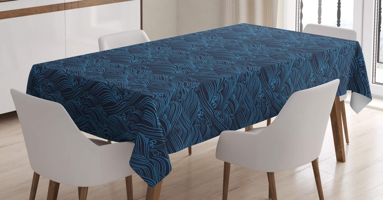 AmbesonneAmbesonne Ocean Tablecloth, Night at The Sea Thunderstorm Waves Japanese Marine Artist Kimono Design, Rectangular Table Cover for Dining Room Kitchen Decor, 60" X 84", Navy Blue