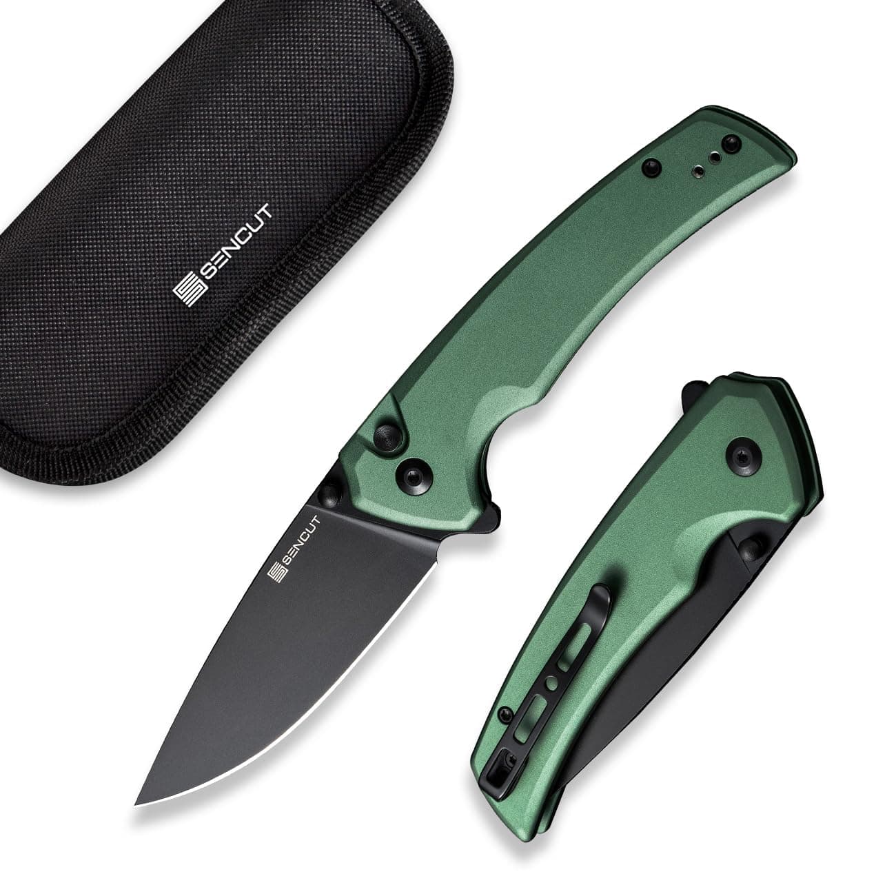 SENCUT Pocket Knife for EDC, Serene Folding Knife, Thumb Stud & Flipper Opener, Aluminum Handle with 3.48" D2 Black Blade for Outdoor, Camping, Hunting S21022B-5 (Green)