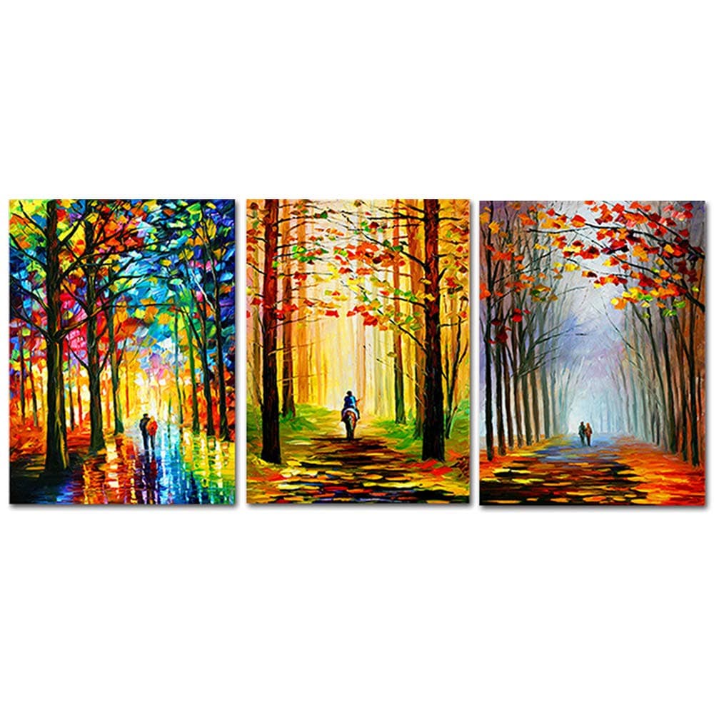 WALTSOM 3 Piece Canvas Wall Art, Colorful Landscape Framed Oil Painting Modern Giclee Canvas Print with Lovers Walking in The Park for Living Room Bedroom, Stretched Ready to Hang (12x16inchx3 Panel)