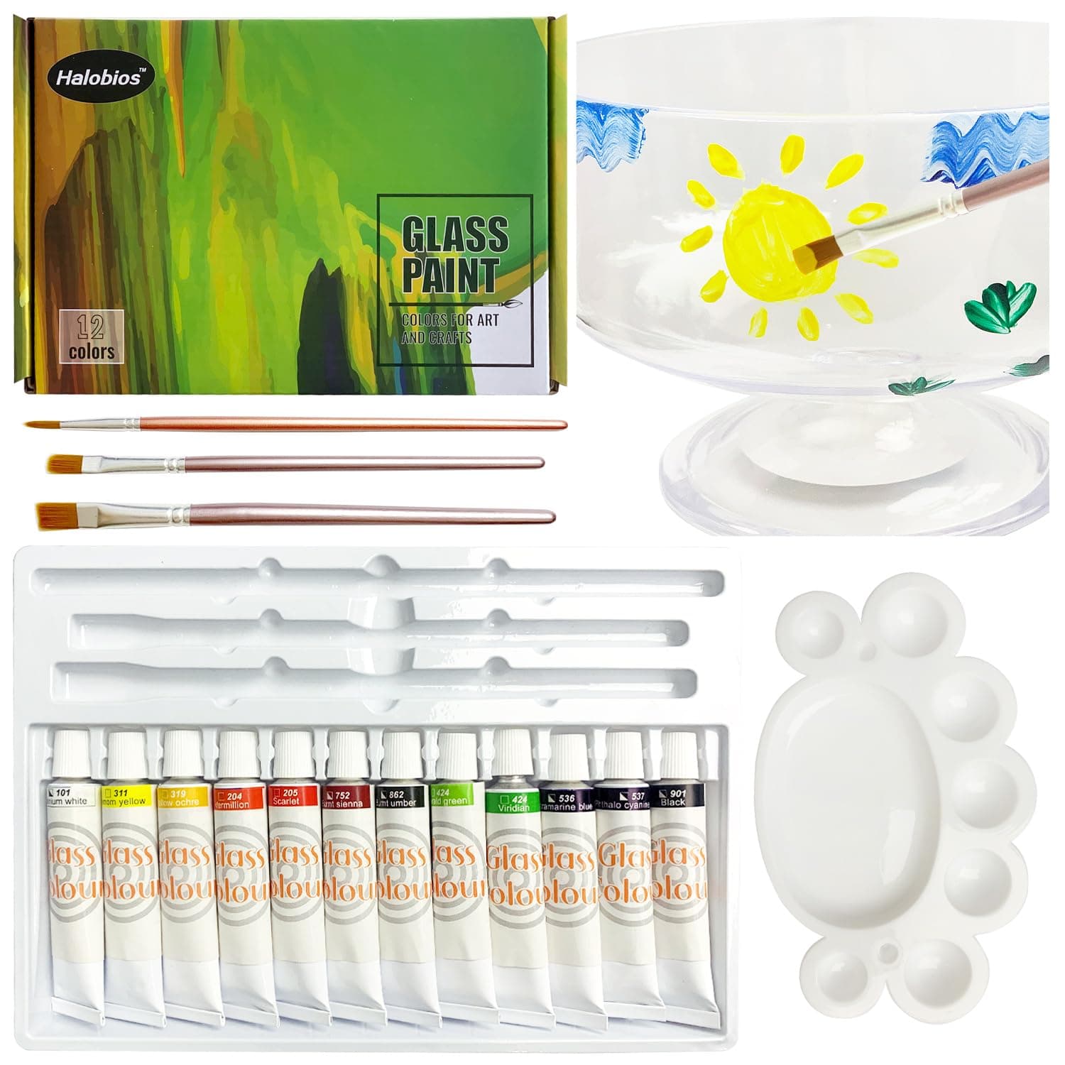 12 Color Glass Paint, Non-toxic High Saturation Color Glass Pigment, Glasses Paint for Decorative Design, Includes Palette and Brush