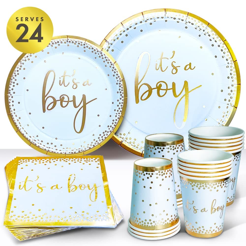 Sweet Baby Co. Oh Baby Boy Shower Plates and Napkins Boy Decorations for 24 with Its a Boy Paper Plate, Napkin, Cups Babyshower Tableware Set Gender Reveal Party Supplies Birthday (Light Blue, Gold)