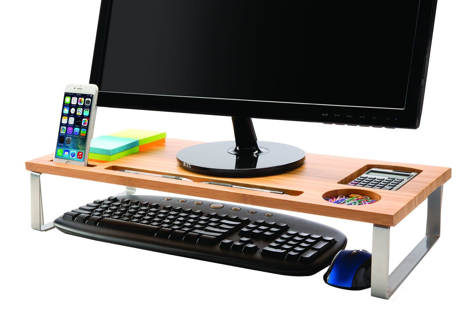 Bamboo Monitor Stand Riser | Storage Organizer | Laptop Cellphone TV Printer Stand | Desktop Shelf