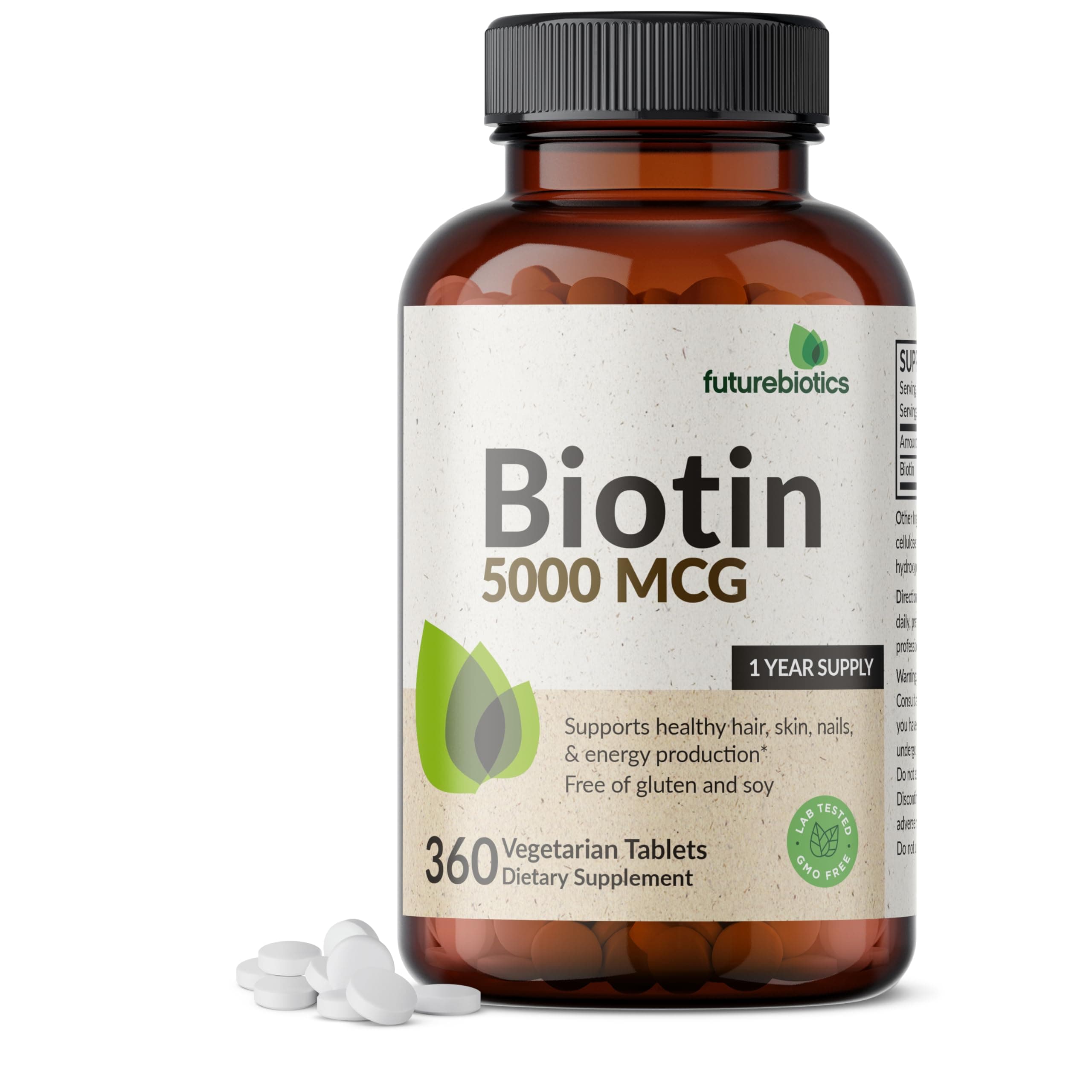 Biotin 5000 MCG Supports Healthy Hair, Skin, Nails & Energy Production Non-GMO, 360 Vegetarian Tablets (1 Year Supply)