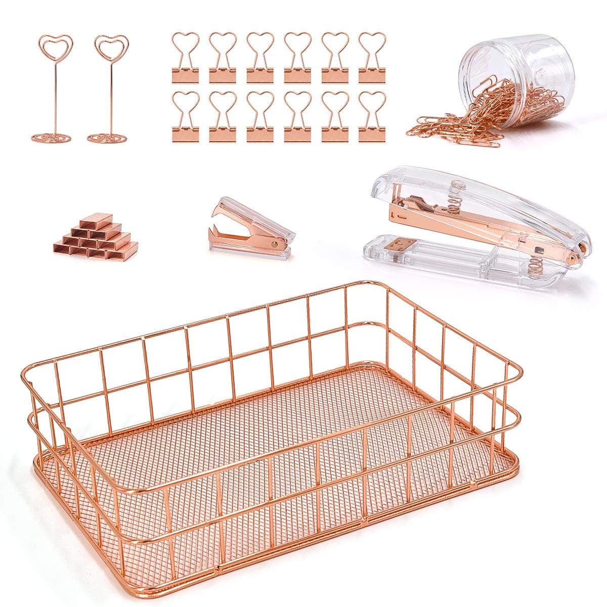 Rose Gold Desk Accessories,7-Piece Desktop Accessory Set - Desk Tray,Stapler and Staple Remover with Rose Gold Staples,Paper Clips Sets&Binder Clips,Table Photo Holder-for School Office Supplies Kit