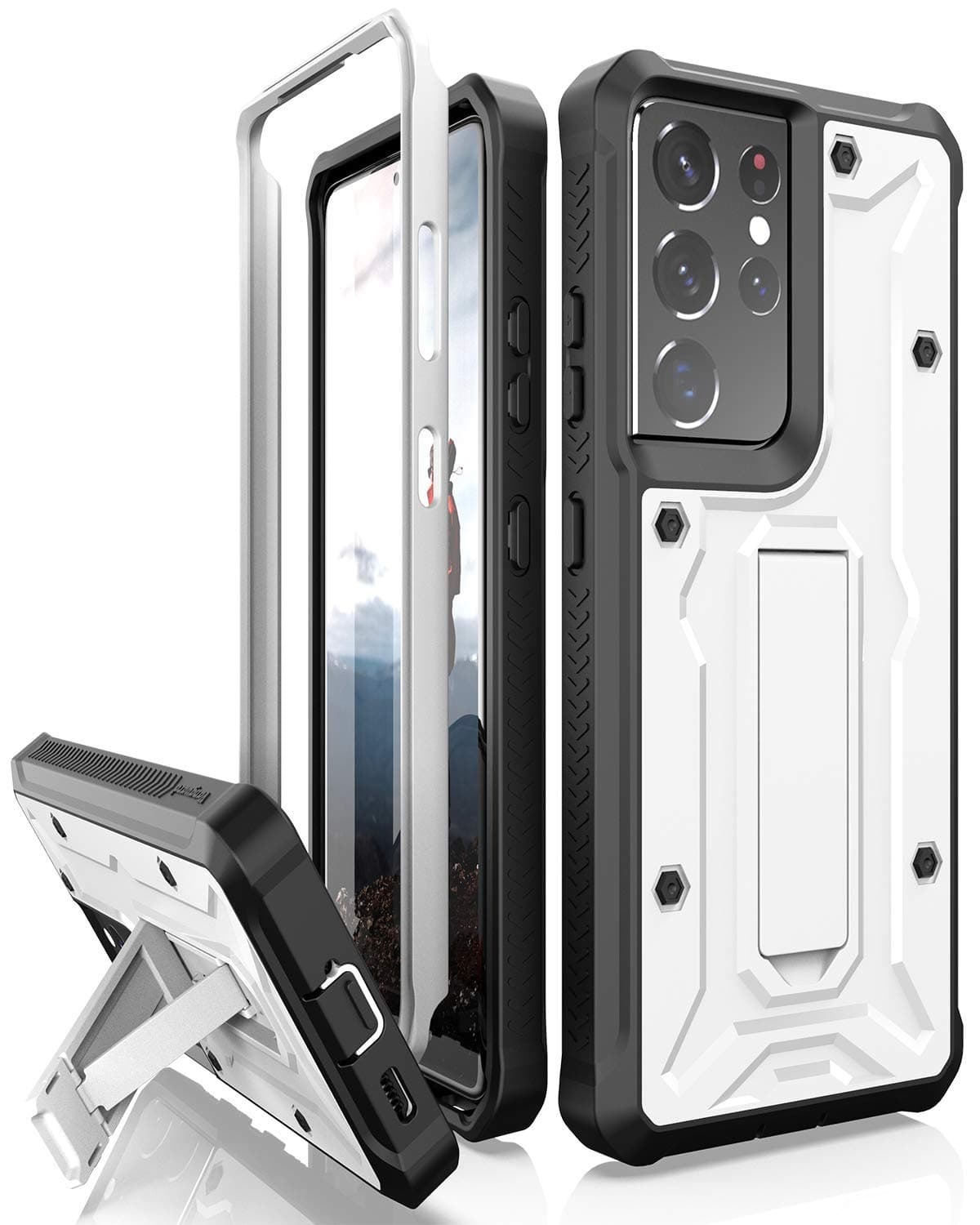 ArmadilloTek Vanguard Compatible with Samsung Galaxy S21 Ultra Case, Military Grade Full-Body Rugged with Built-in Kickstand [Screenless Version] (White+Black)