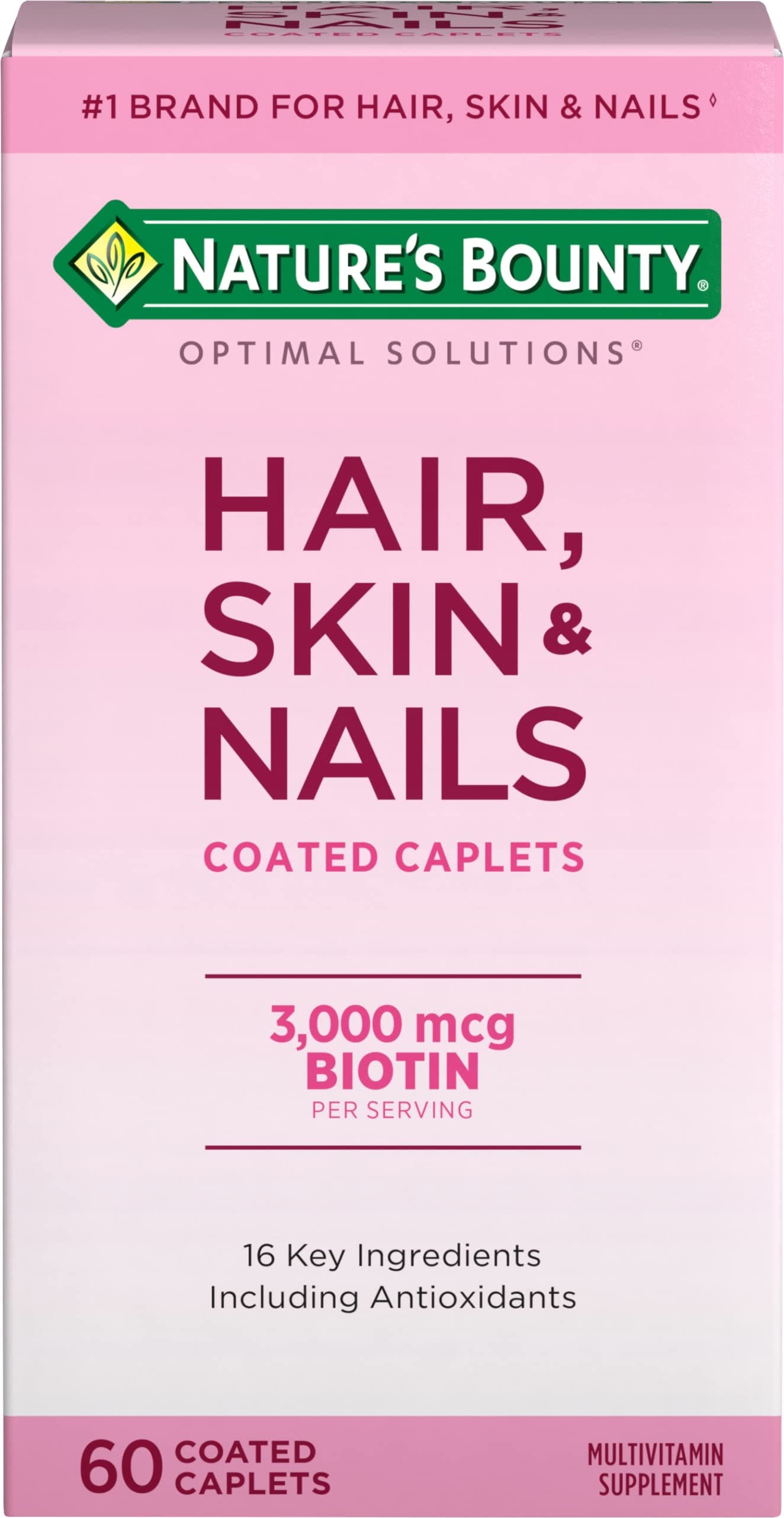 Nature's Bounty Optimal Solutions Hair, Skin & Nails Formula, with 3,000 mcg Biotin, 60 Coated Caplets, 20 Total Servings