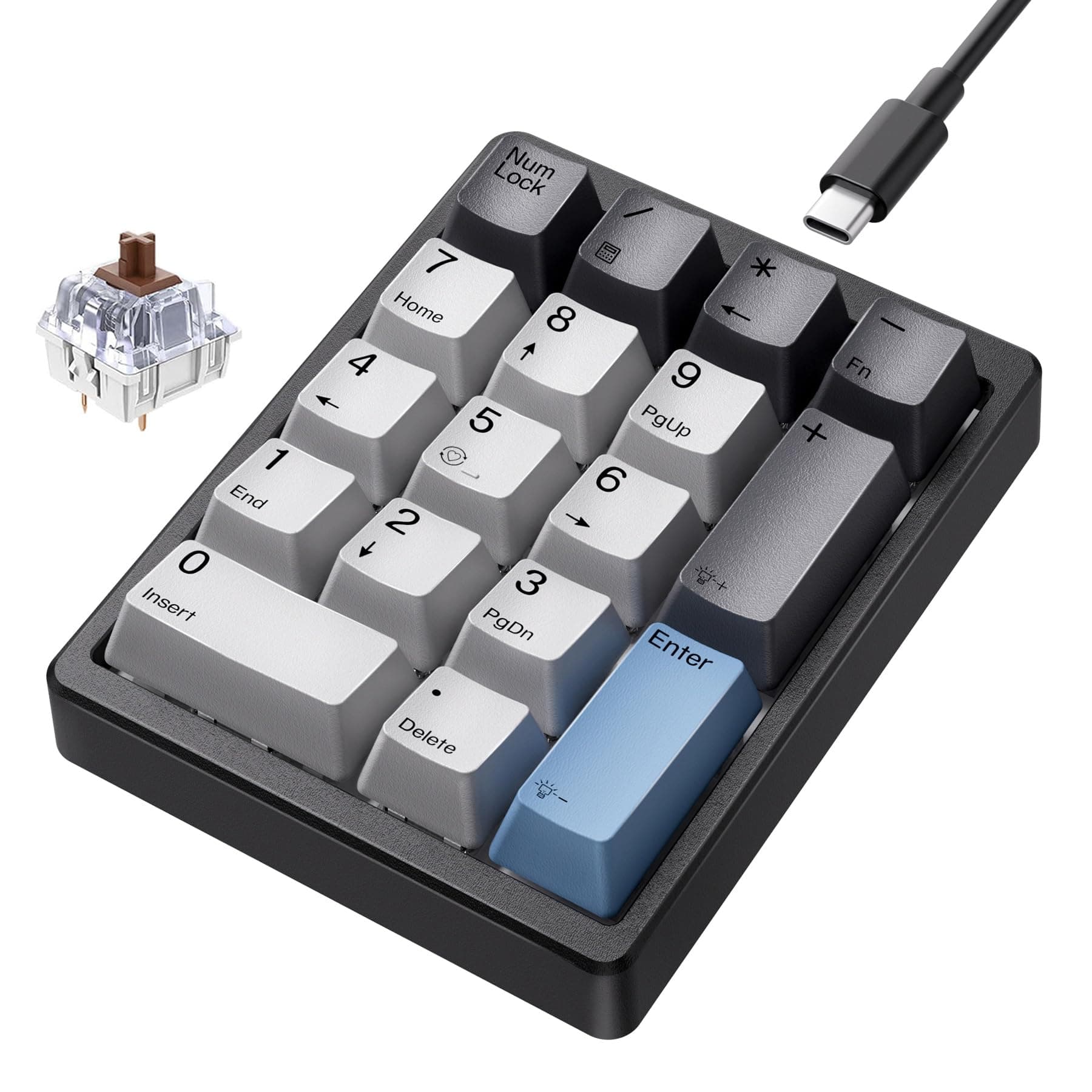 KN17 Wired Mechanical Number Pad- 17 Keys Hot Swappable Numpad with White Backlight& PBT Keycaps for Laptop PC Compact Keyboards (Black, Brown Switch)