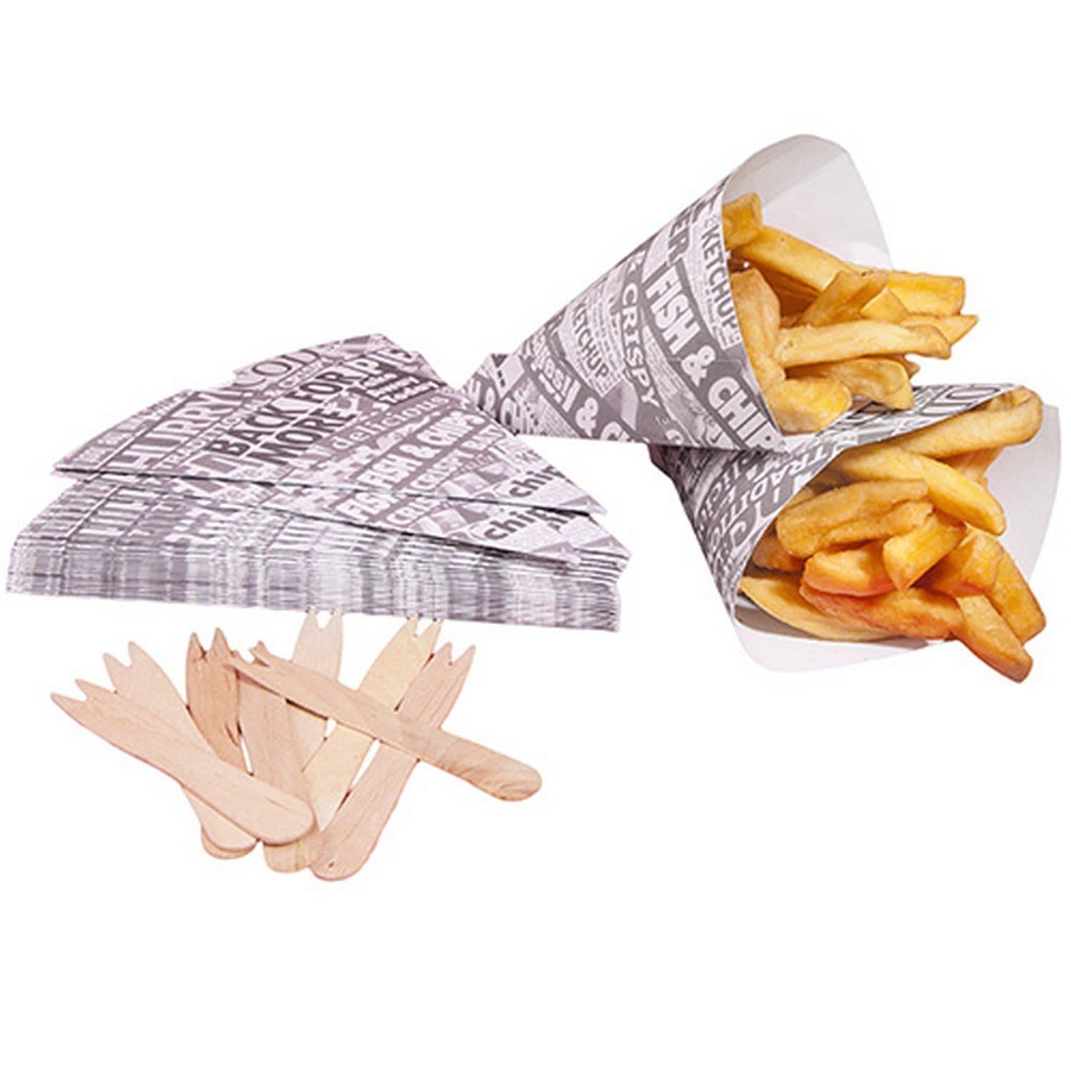 50 Newsprint Design Food Safe Chip Shop Cones with Forks