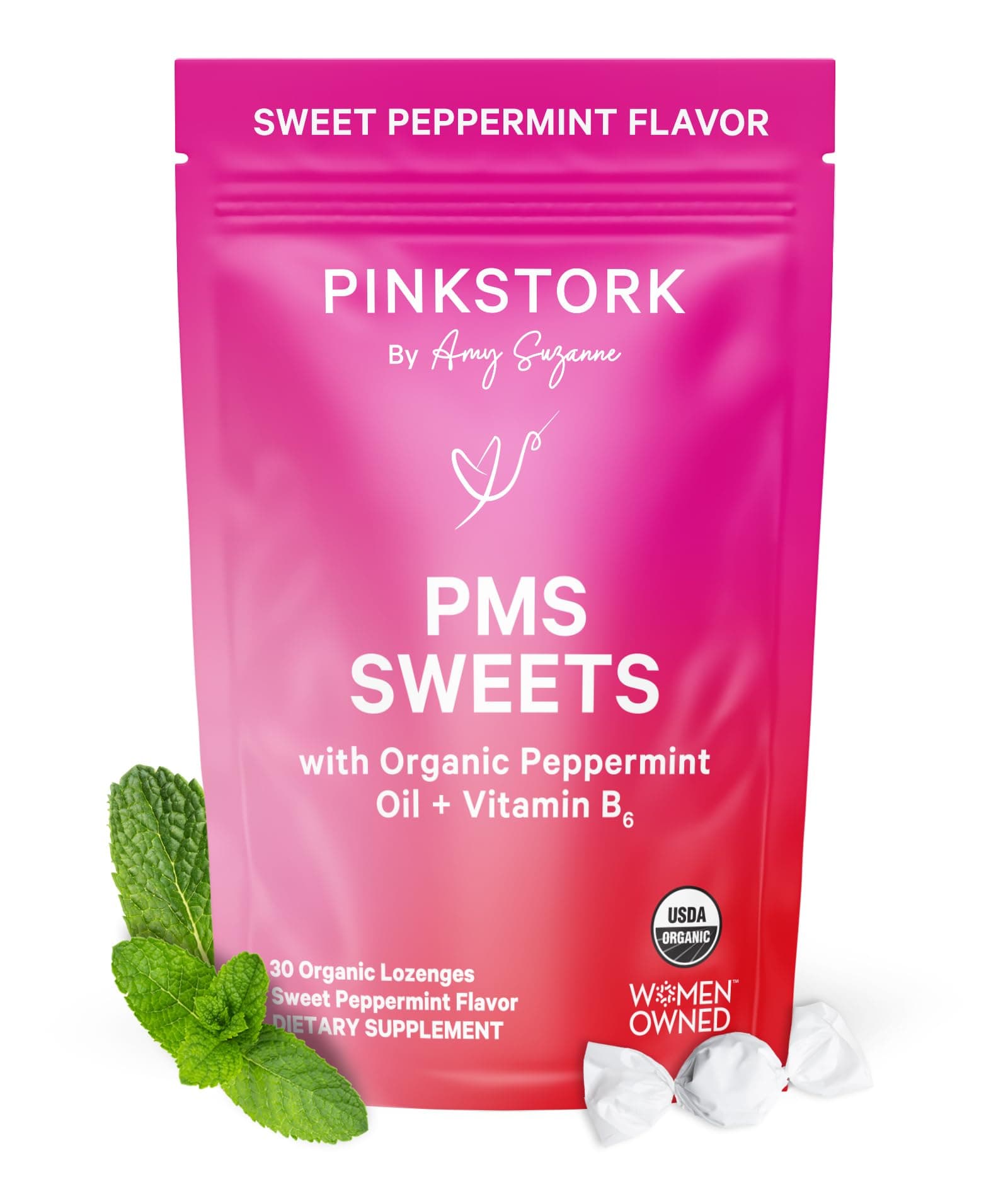 Pink Stork Organic PMS Support Sweets for Teens and Women - Simple & Natural Ingredients Vitamin B6 and Peppermint - Period, Digestion, Bloating, Mood Swings - 30 Drops