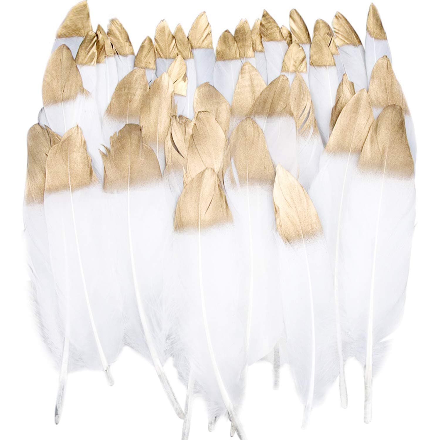 Benvo 40 Pcs Gold Dipped White Feathers 6-8 Inch Natural Feathers for Any Crafts Projects Feather Garlands Boho Bohemian Décor Nursery Home Bedroom Wall Decorations Party and Dream Catcher Supplies