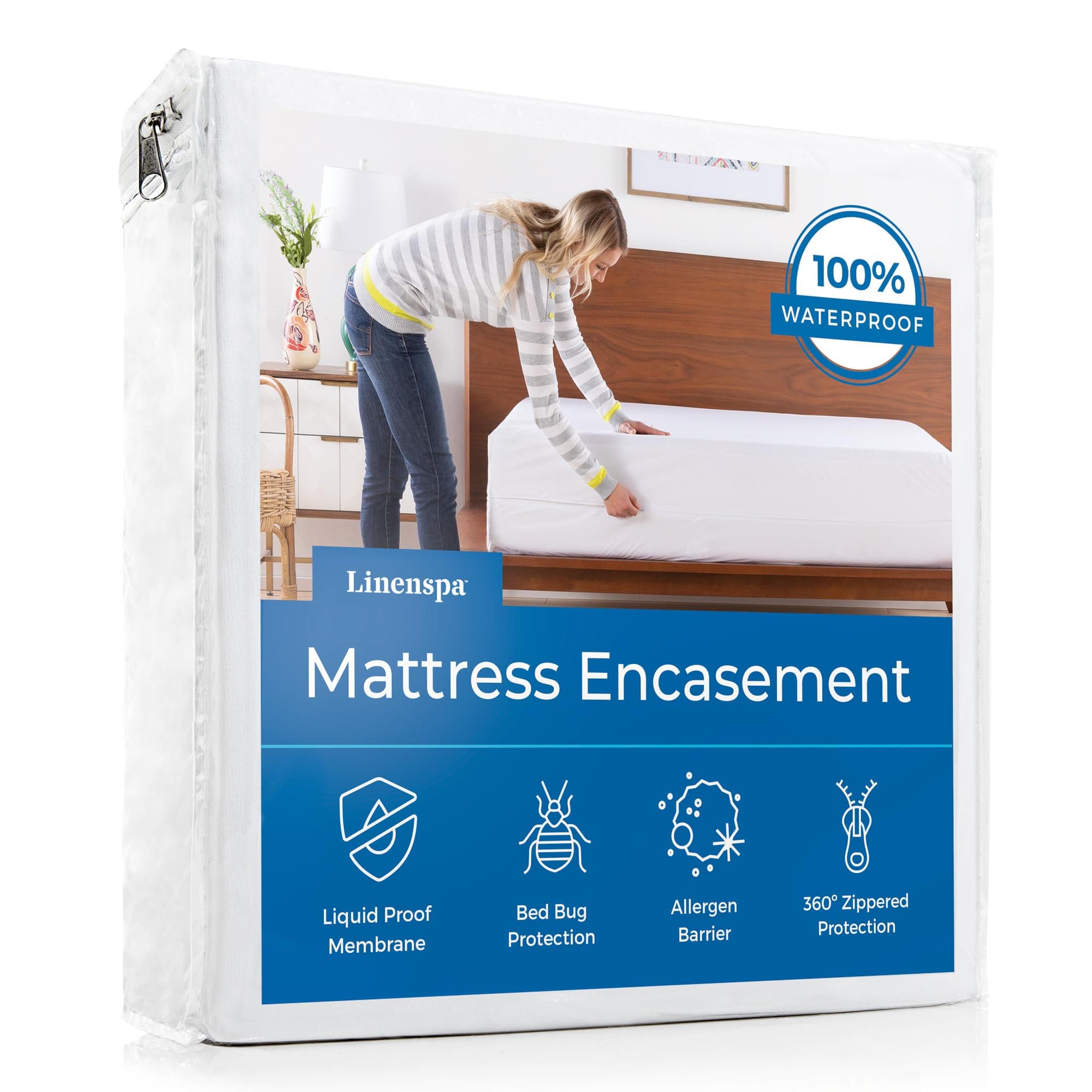 Linenspa Zippered Mattress Encasement – Queen Size Waterproof Mattress Protector – Quiet Cover & Complete protection – Dorm Room Essentials, White