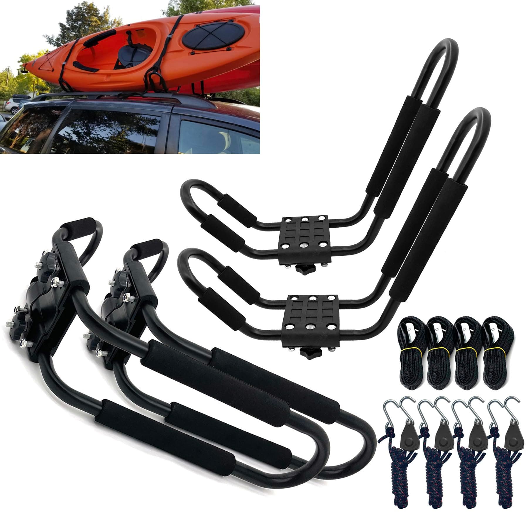 Taelakeni 2 Pairs Kayak Roof Racks, Universal Cars Kayak Carrier Rack J Hooks Bar Kayak Support for SUV, Jeeps, Black