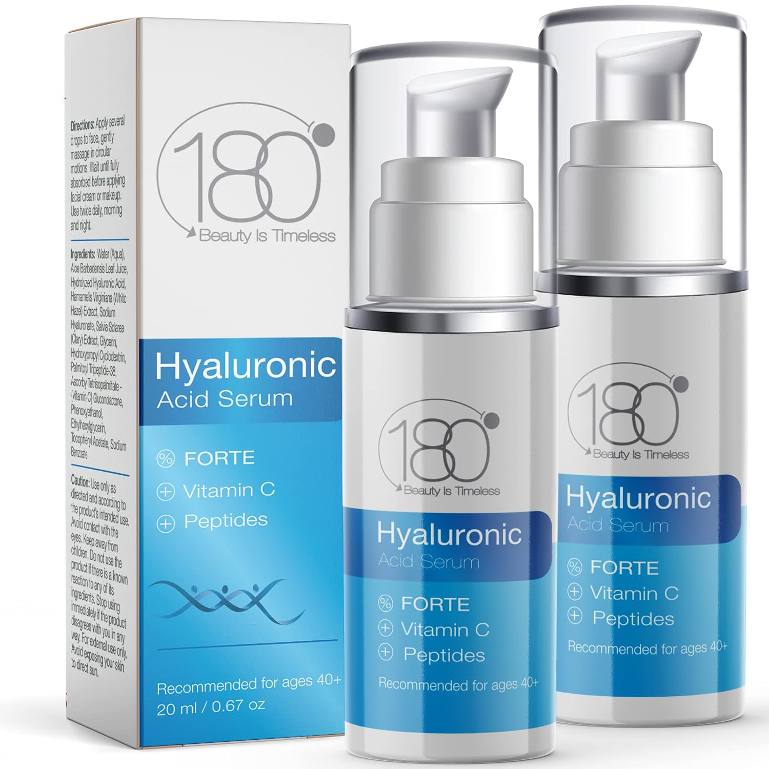 Hyaluronic Acid Serum for Face - Forte Triple Moisturizing Formula with Vitamin C by 180 Cosmetics - Smooth & Rejuvenate Pure Anti Aging Facial Moisturizer for Women - Face Wrinkle Remover - 2 Units