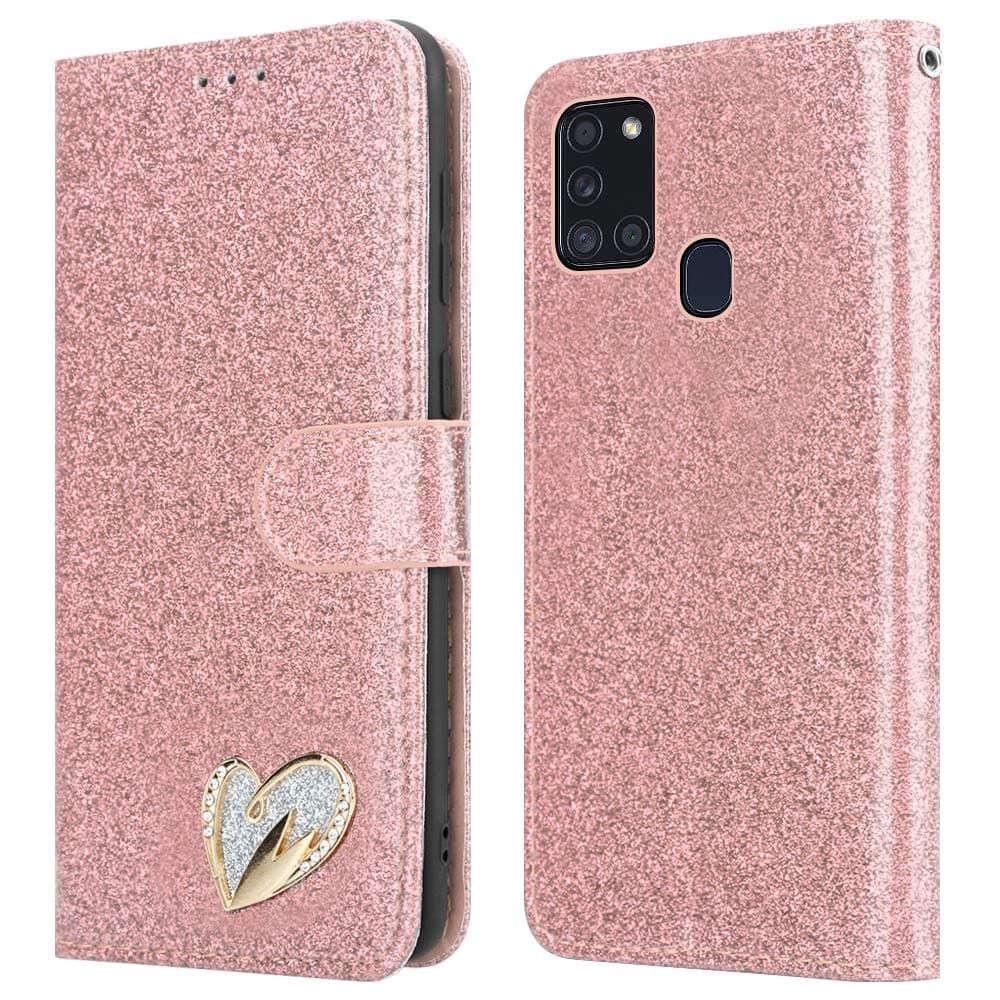 iPEAKFor Samsung Galaxy A21s Case Shiny Leather Bling Glitter Book Flip Stand Wallet Cover For Galaxy A21s Phone (Rosegold)