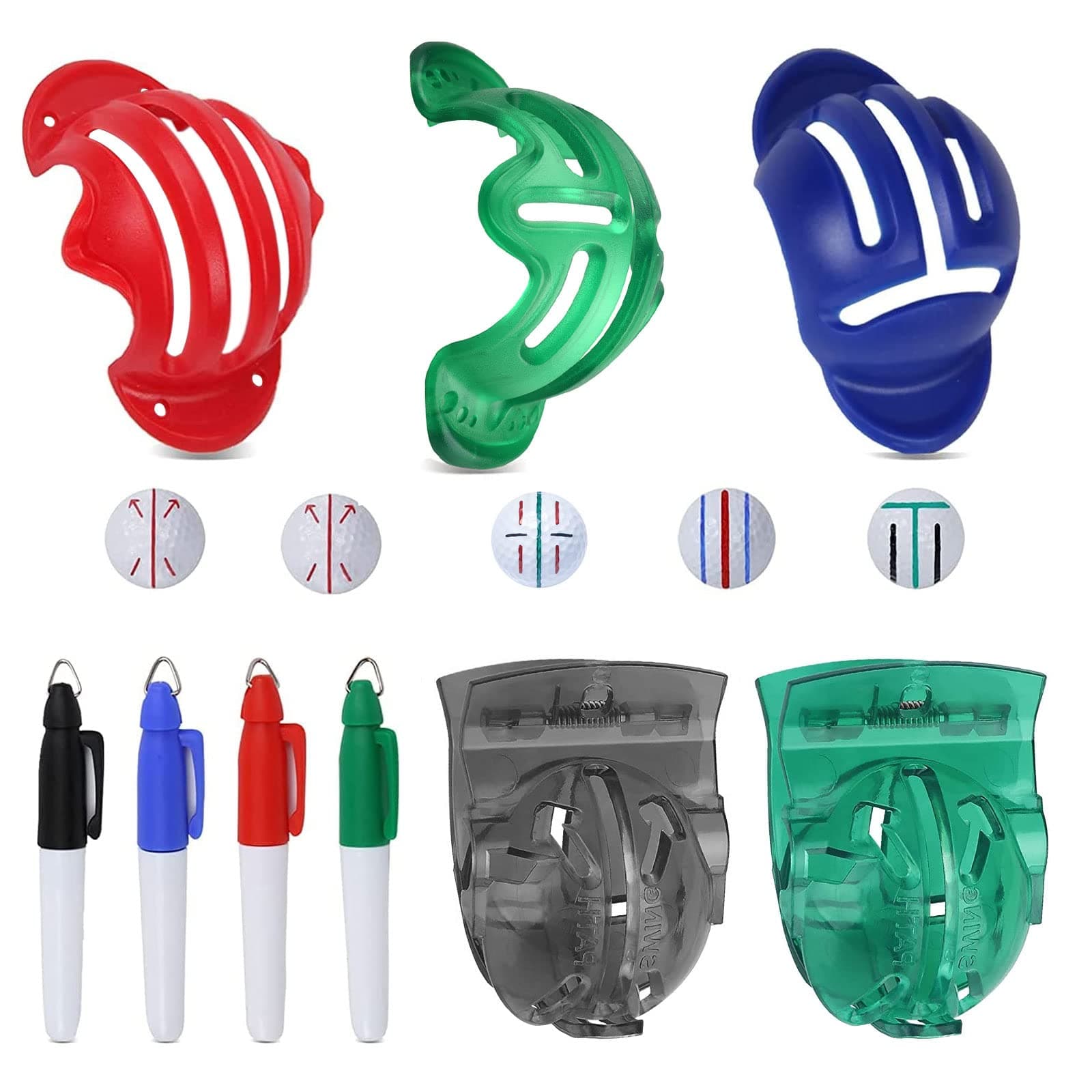 Golf Ball Line Marker Tool, 9 Pcs Golf Ball Alignment and Identification Tool Kit, with 5 Golf Ball Marking Stencils and 4 Colors Golf Ball Markers for Better Alignment Putting