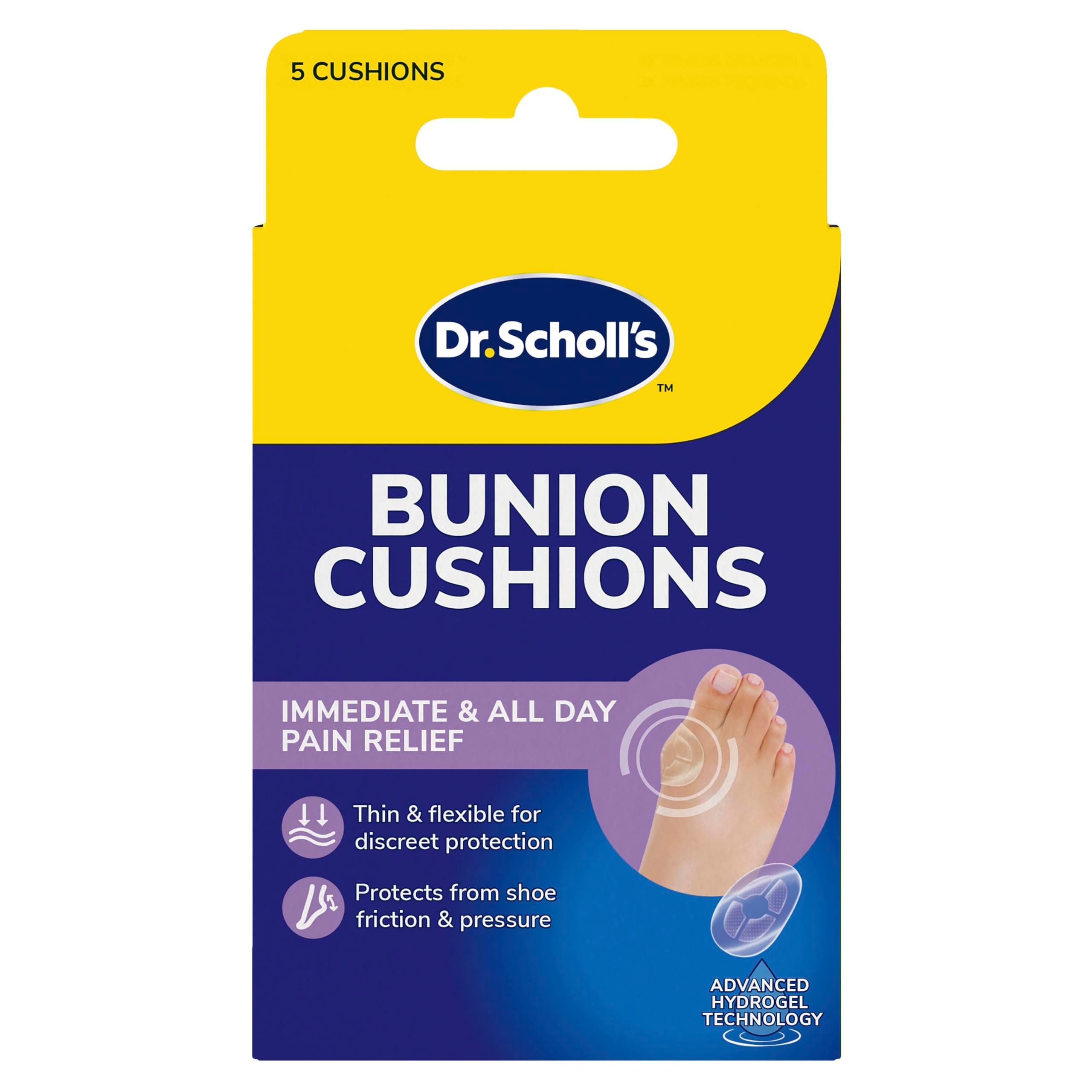 Dr. Scholl's Bunion Cushions with Hydrogel Technology, Pack of 5 - Immediate, All-Day Bunion Pain Relief, Bunion Pads, Bunion Protector, Protects from Shoe Friction and Pressure, Thin, Flexible