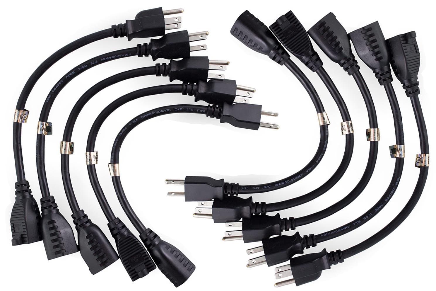 10 Pack 1 Foot Power Extension Cord Cable Strip, Ubercords 1 Foot Extension Cord, UL Listed, CSA Approved, Extension Cable, 3 Prong US Wire Extension Cord