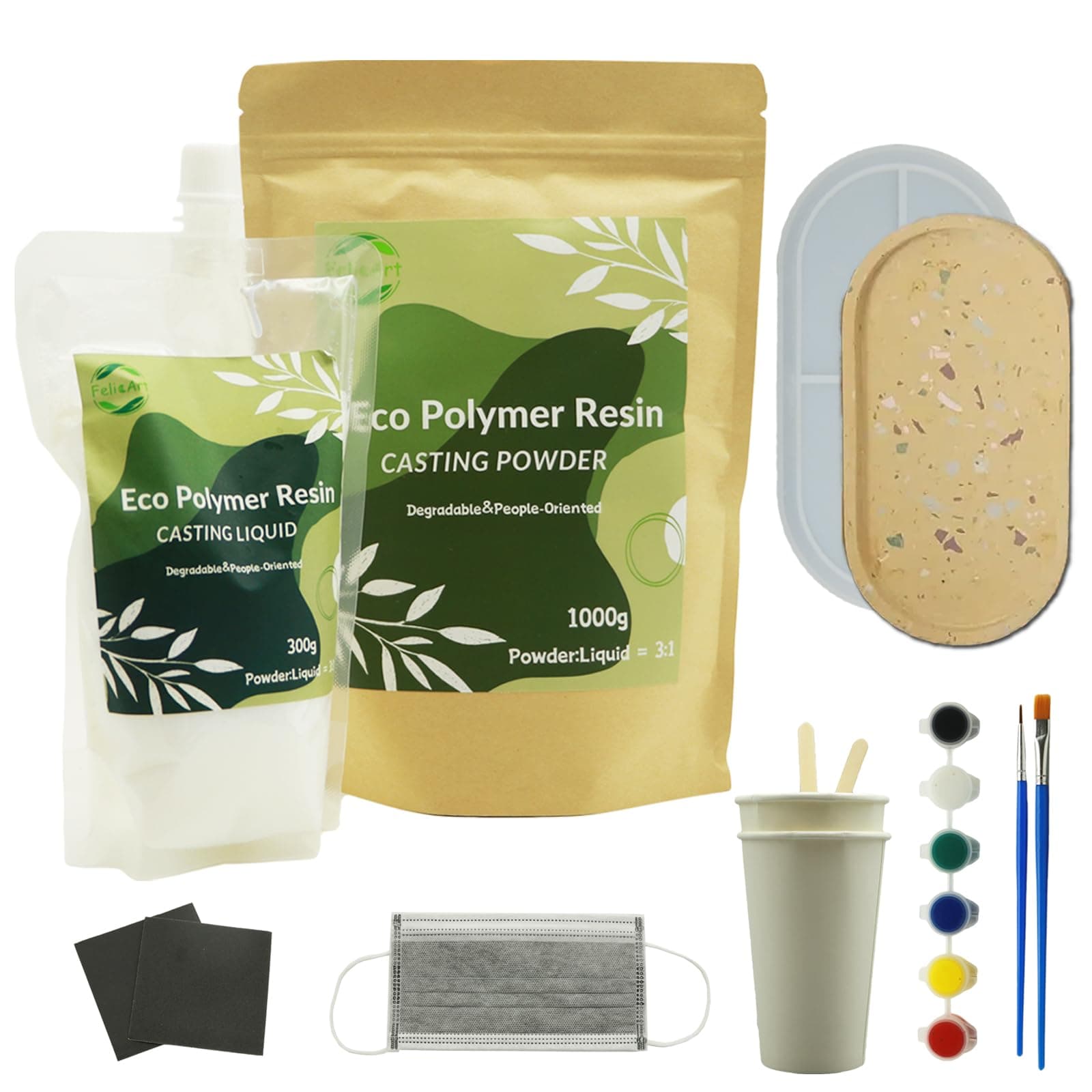 Eco Resin Casting Kit, 1000g Water-Based Casting Powder, 300g Polymer Resin Liquid, Resin Molds, Pigment, 30 Minutes Demold Fast Cure Self Leveling, Terrazzo Resin Kit for Beginner