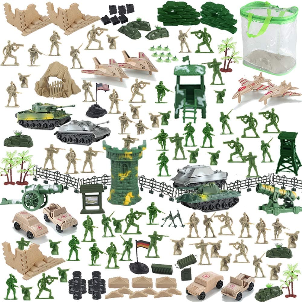 150 Piece Military Figures and Accessories - Toy Army Soldiers in 2 Colors, 14 Design Vehicle,War Soldiers Playset with 2 Flags and Battlefield Accessories