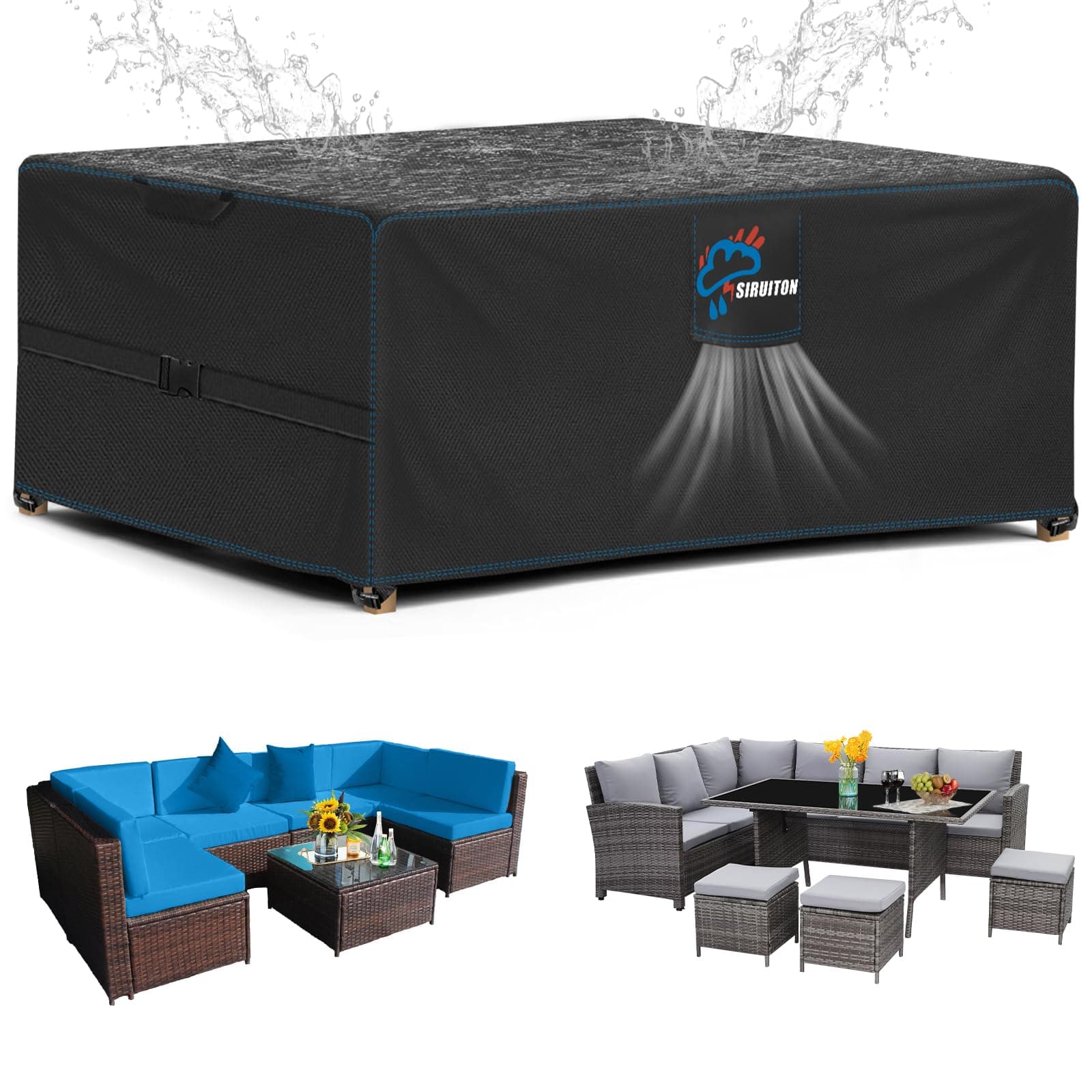SIRUITON 250x250x90cm Garden Furniture Covers with Air Vent, Waterproof Windproof,Heavy Duty RipProof 420D Oxford Fabric Large Patio Set Cover, Outdoor Table Cover, Square/Rectangular Black