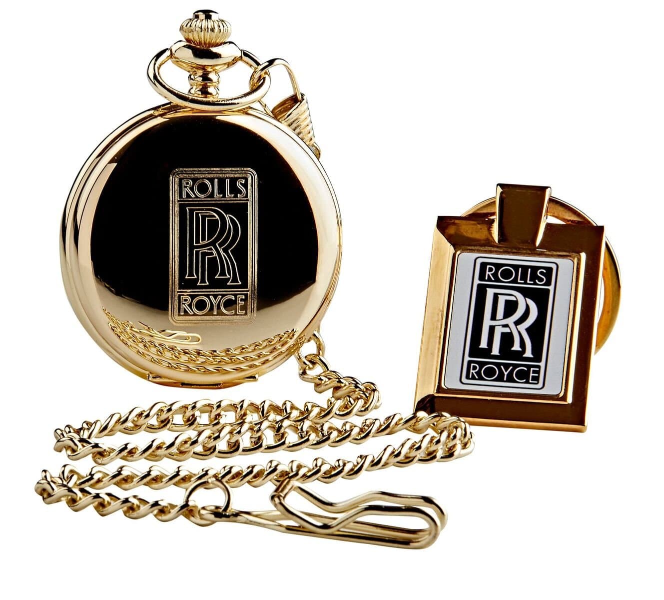 Set Rolls Royce Gold Pocket Watch and Keyring Keychain 24 Carat Coated Full Hunter with Chain in Wooden Gift Box