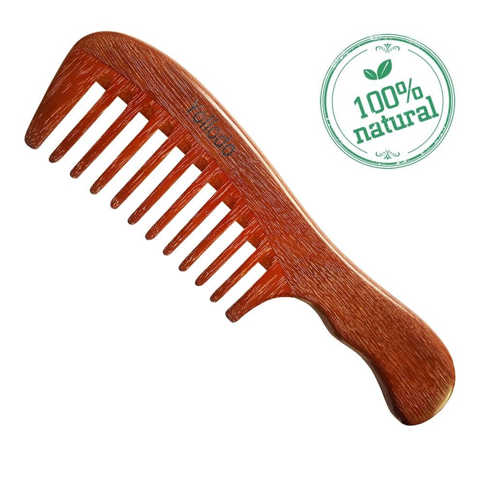 Yollodo Natural Red Sandalwood Wooden Comb - Light Weight Wood Comb Wide Tooth - NO Snags, NO Tangle, NO Static,Easy Carry for Women Detangling or Curly
