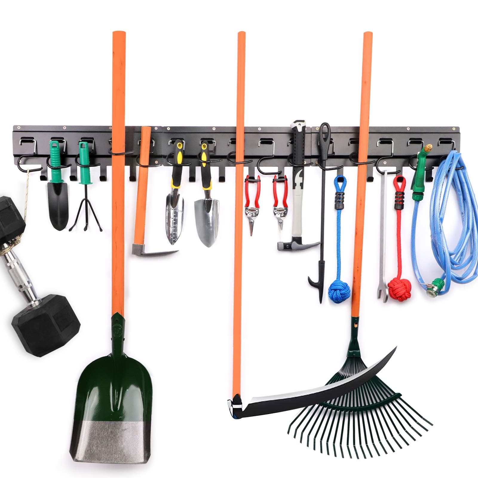 Garage Organizer Wall Mount Tool Adjustable Storage System, Garden Tool Organizer, Yard Tools Rack, Heavy Duty All Metal Garage Tool Hanger For Mop, Shovel, Rake, Broom with 3 Rails and 15 Hooks