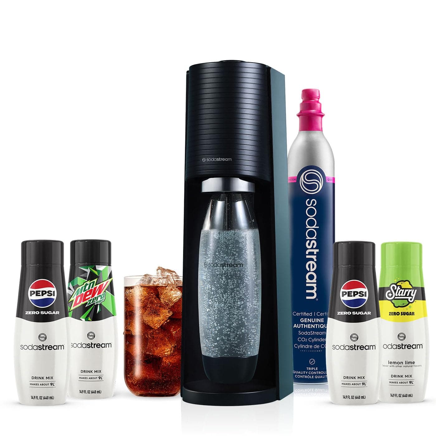 SodaStream Terra Sparkling Water Maker Bundle in Black - includes CO2, Carbonating Bottle, and Pepsi® Zero Sugar, Starry® Zero Sugar and MTN Dew® Zero Sugar 4-Flavor Variety Pack