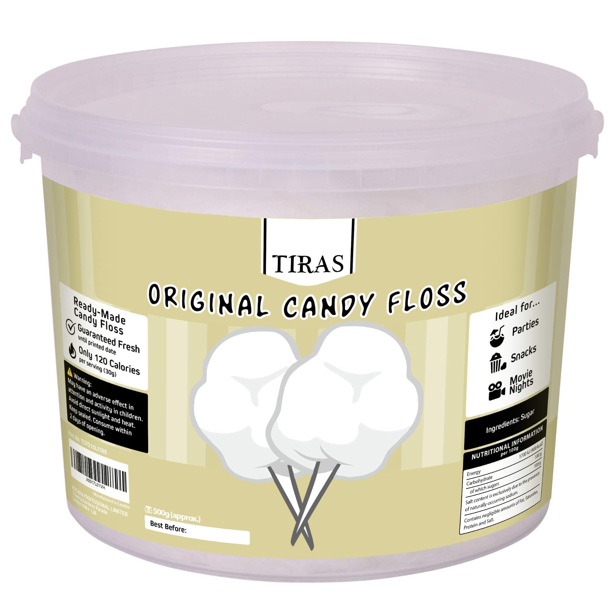 White Candy Floss - Prepared Fluffy Cotton Candy, Perfect for Parties and Events - Large Candy Floss Tub (500g)