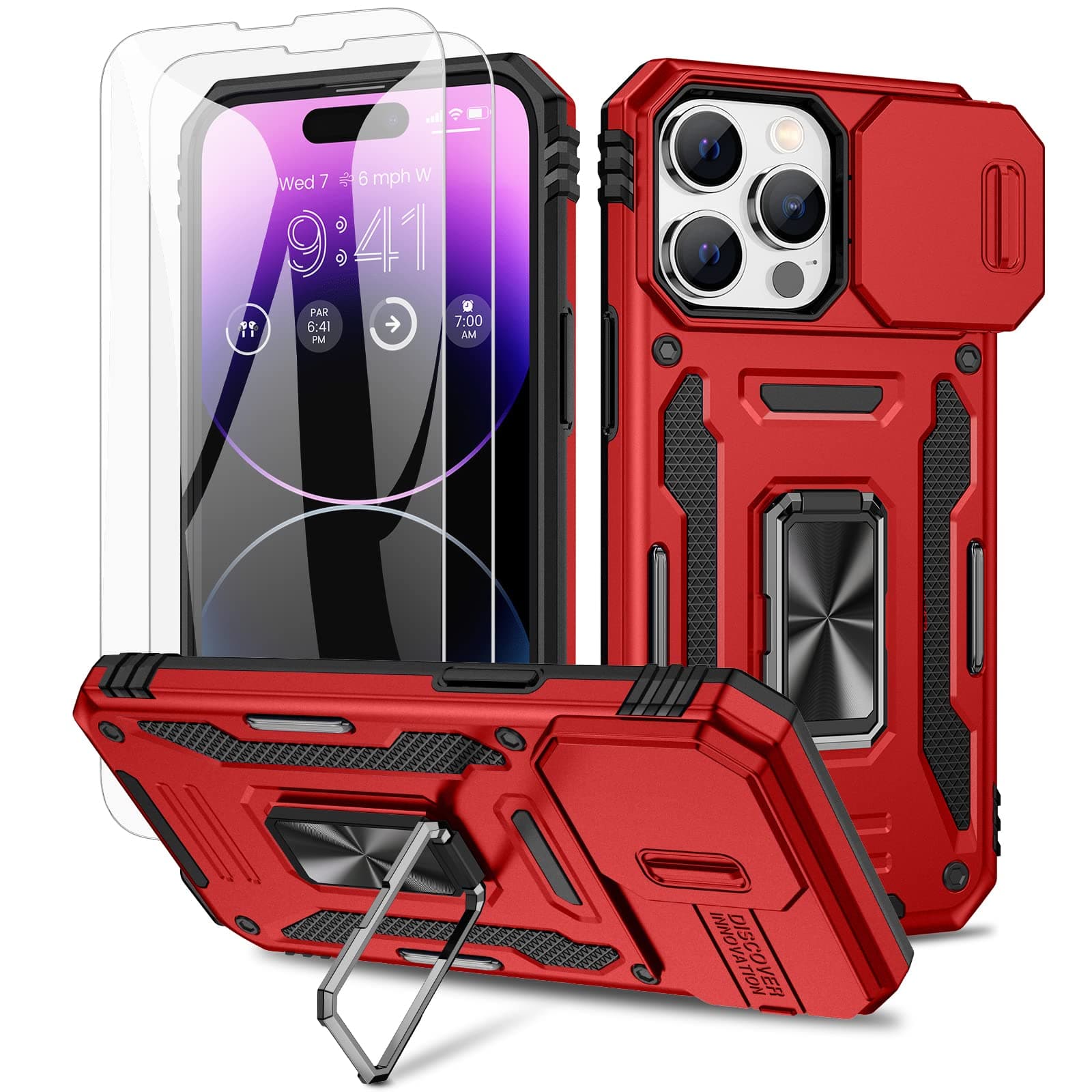 Maxdara for iPhone 14 Pro Max Camera Cover Case with Screen Protector, with Built-in 360° Rotate Ring Stand Magnetic Car Mount Cover Case for iPhone 14 Pro Max 6.7 inch, Red