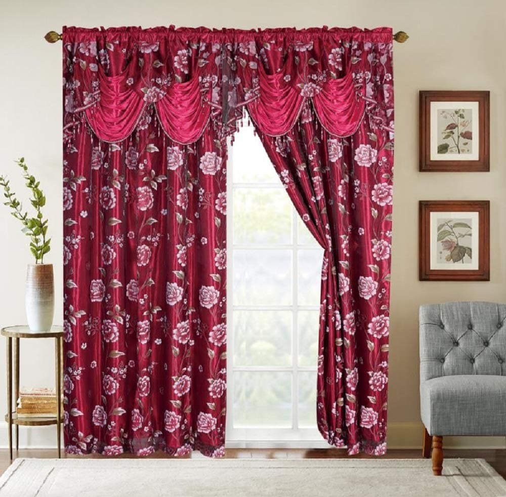 GLORY RUGSFlower Curtain Window Panel Set Luxury Curtains with Attached Valance and Sheer Backing Living Room Bedroom Dining 55x84 Each Balsam Collection