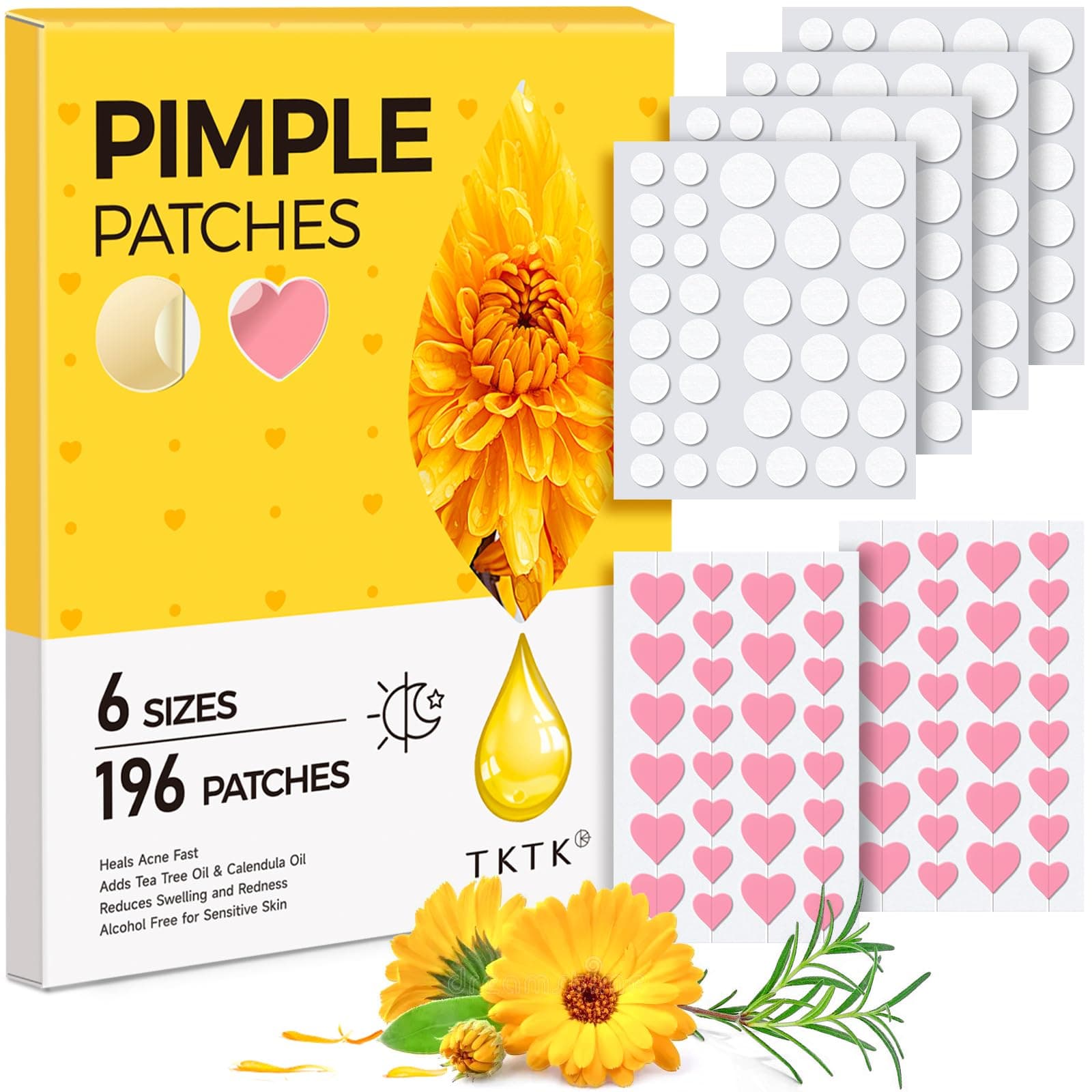 Pimple Patches for Face: 6 Sizes Day and Night Acne Patches Heart Zit Patches - Cute Spot Stickers with Tea Tree & Centella Oil, Strong Adhesion Zit Covers (196 Count)