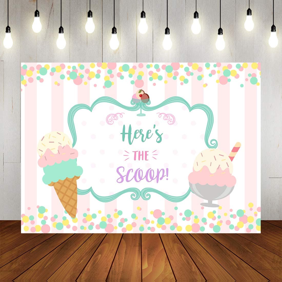 Ice Cream Theme Backdrop Little Girl's Birthday Background Here's The Scoop Party Decorations Banner Pink and White Stripes Teal Mint Aqua Dots Photo Booth Props Cake Table Supplies 7x5ft