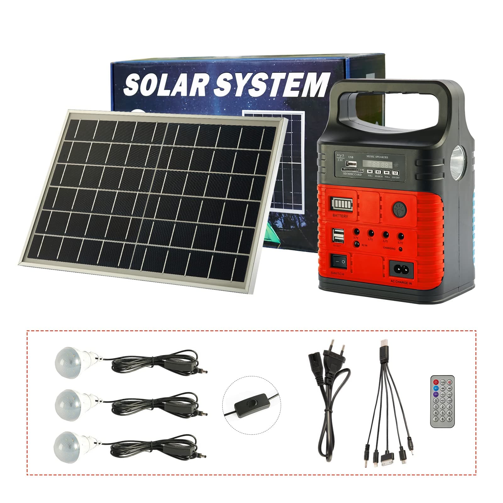 Solar Power Generator-Portable Power Station-8000mAh Solar Power Generator with Solar Panel,MP3&FM Radio,Bluetooth,3 Sets LED Lights,Home Outdoor Solar Generator for Camping Emergency(Red)