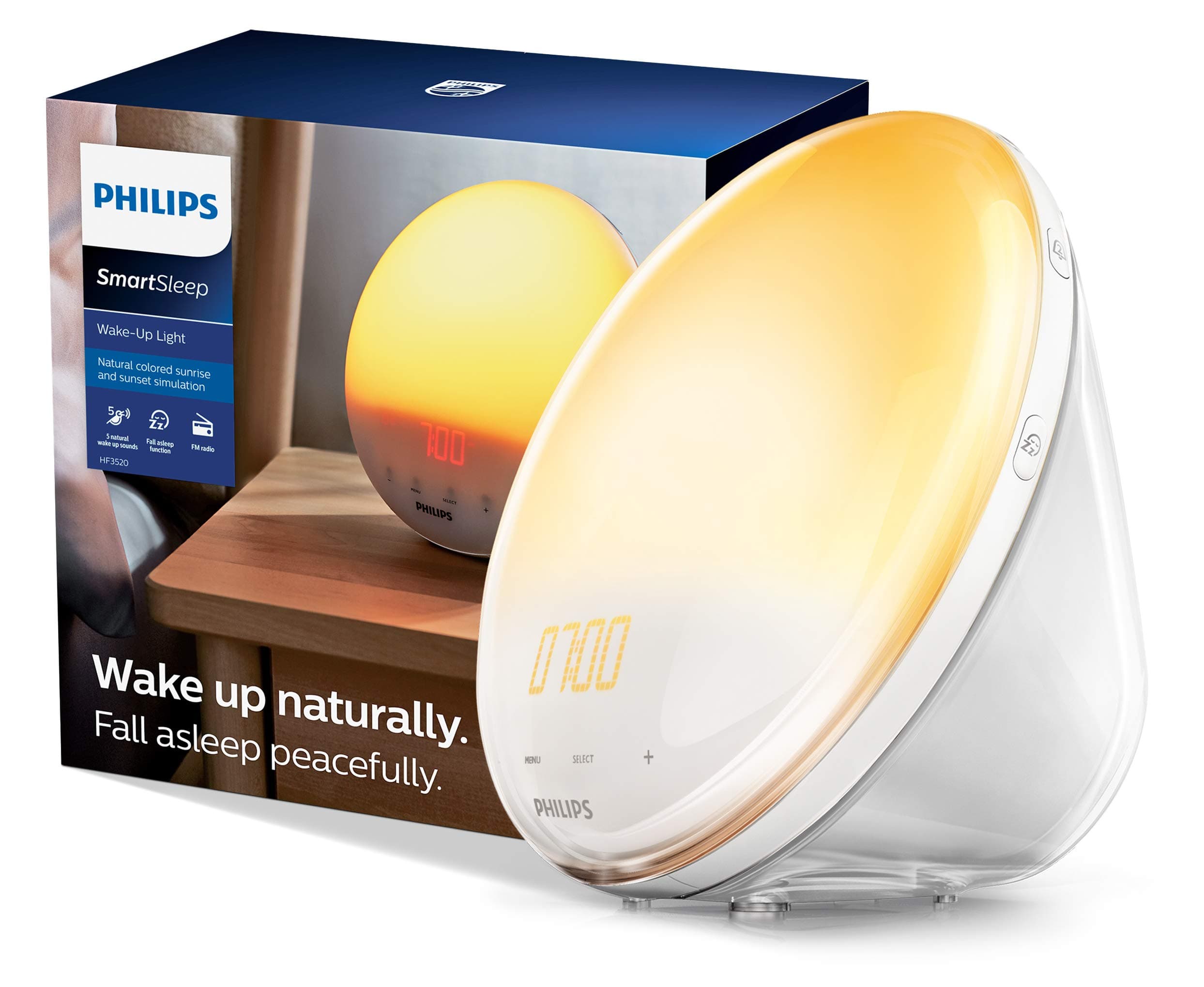 SmartSleep Wake-up Light, Coloured Sunrise and Sunset Simulation, 7 Natural Sounds, FM Radio & Reading Lamp, Tap Snooze (Model HF3531/01)