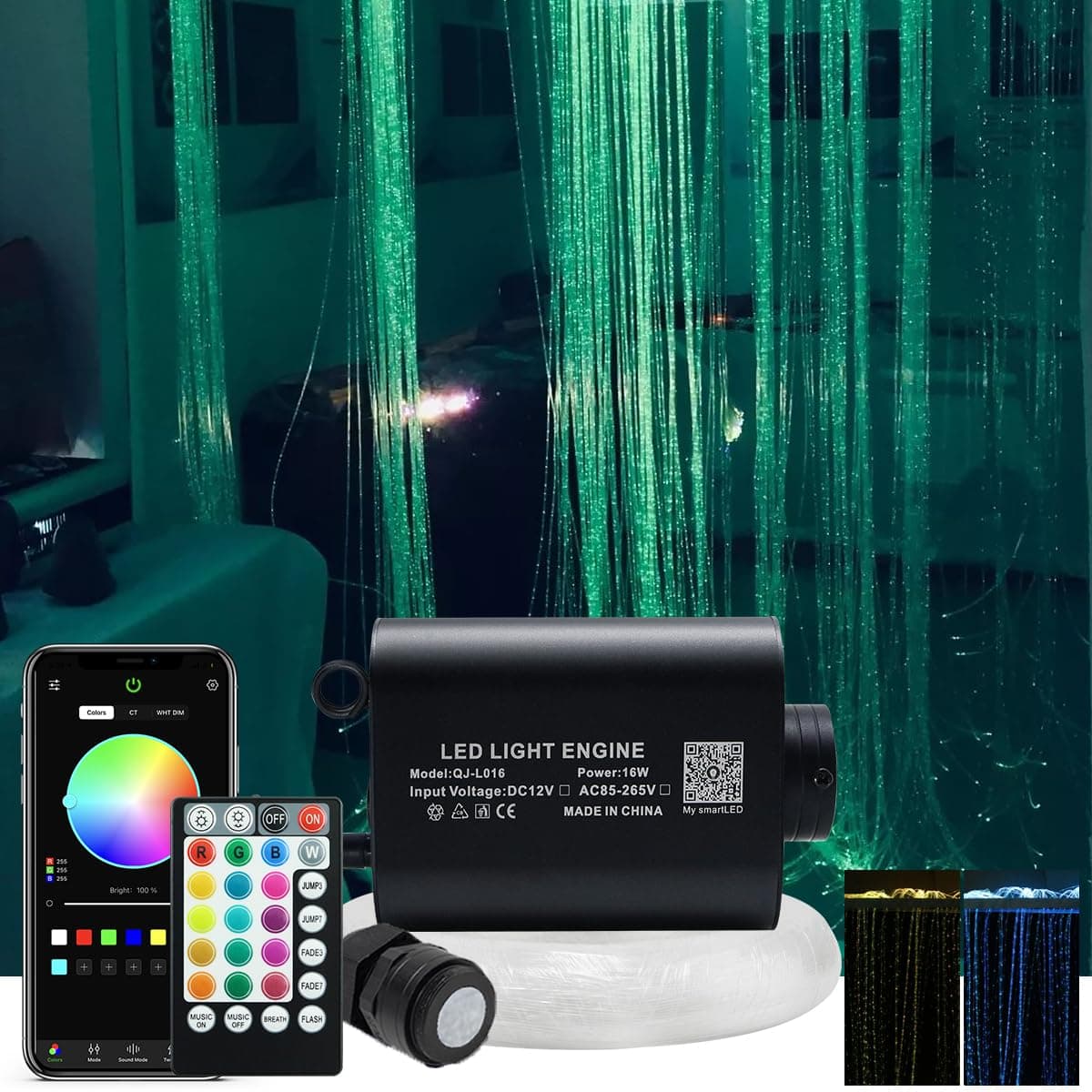 AKEPO 16W Fiber Optic Curtain Light Kit with fiber cable 0.75mm*450pcs*13.1ft