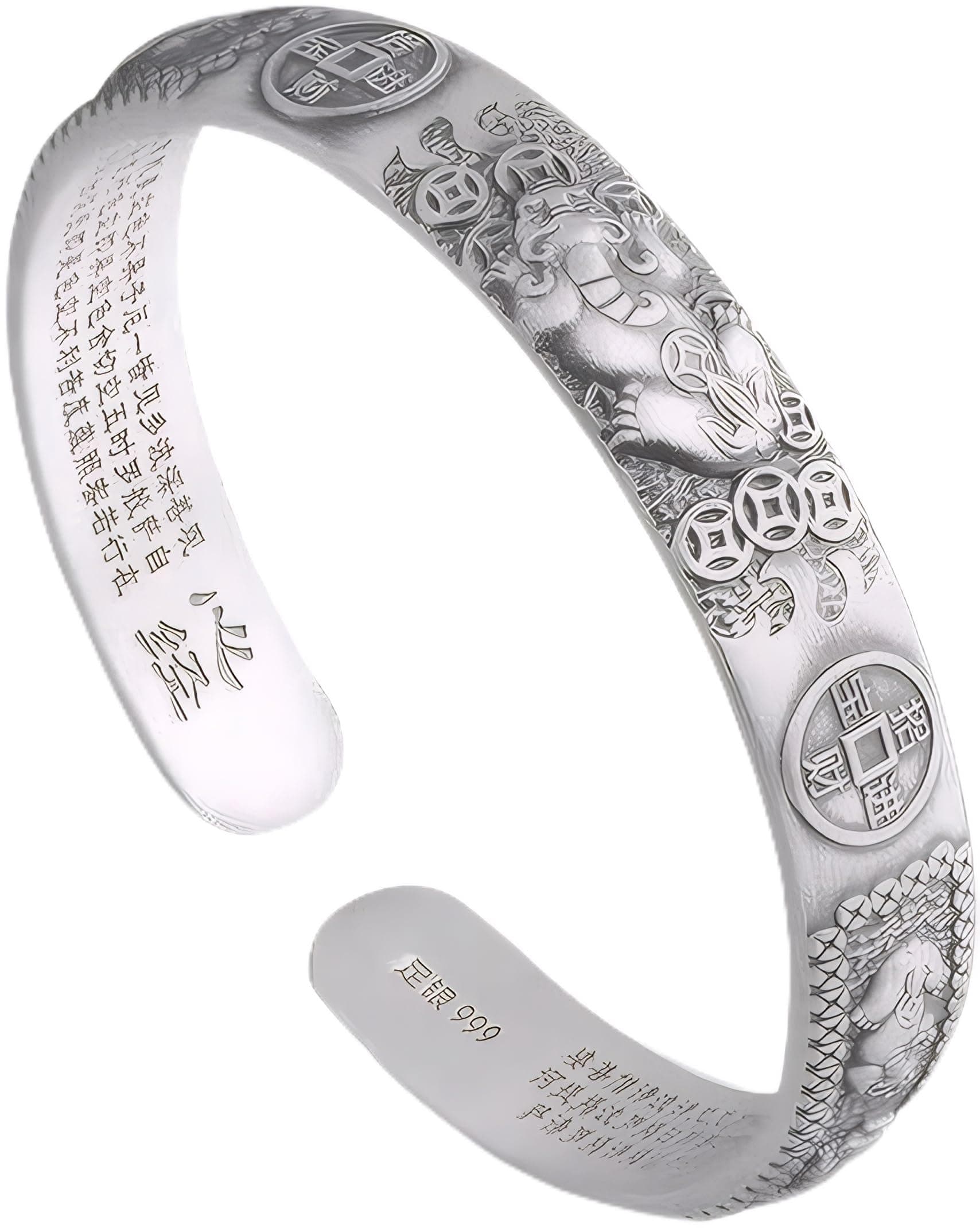 999 Sterling Silver Feng Shui Pixiu Bracelet, Adjustable Pi Xiu Mantra Fortune Protection Bangle, Lucky Fengshui Decor for Wealth Luck Happiness Amulet Bracelet for Men Women