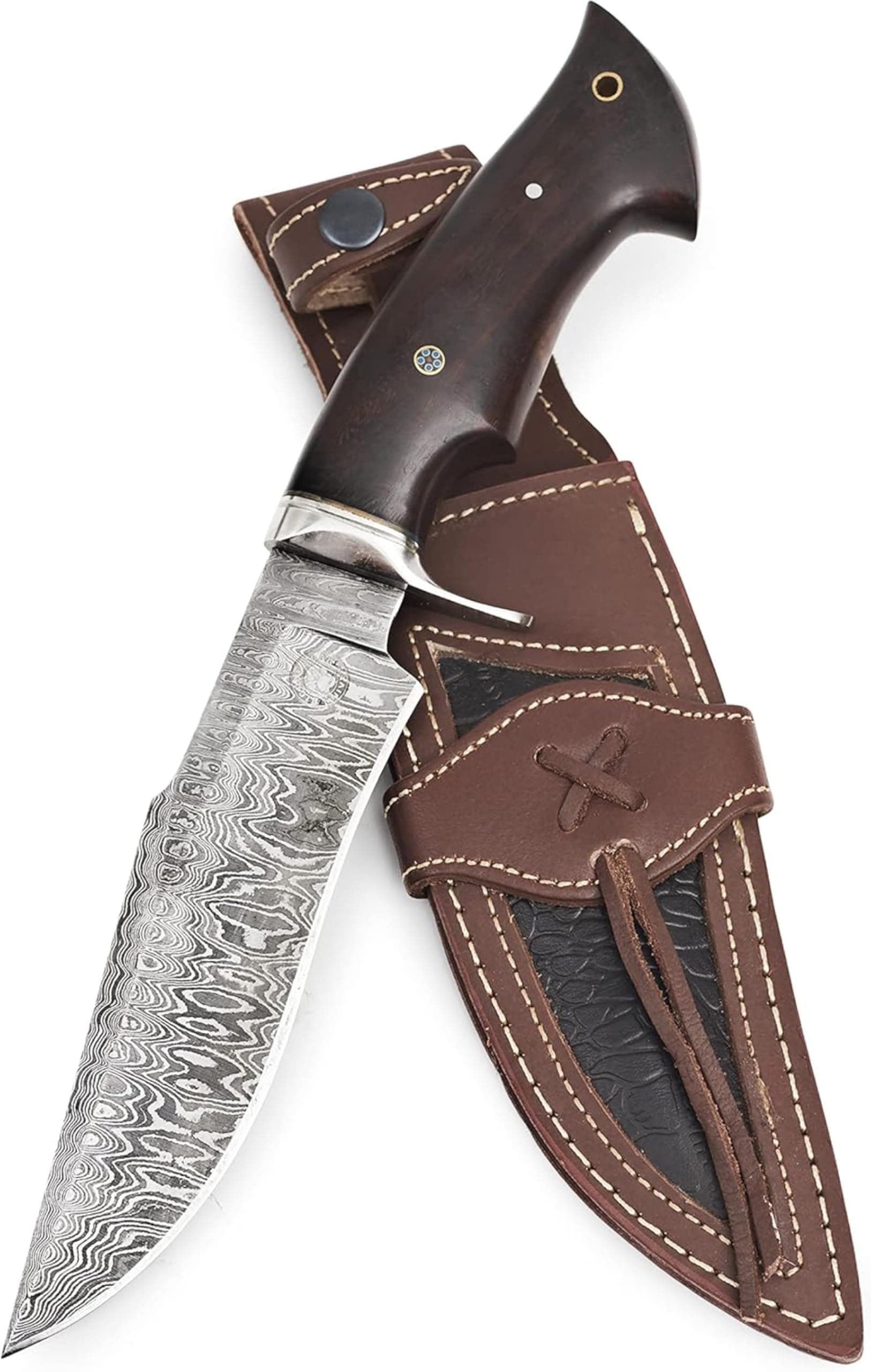 BIGCAT ROAR Leopard Hunter - Handmade Damascus Steel Fixed Blade Hunting Knife 12" - Walnut Wood Handle & Leather Sheath - Hunting Outdoor Survival Bushcraft EDC Long Knife - Collector Gifts for Men