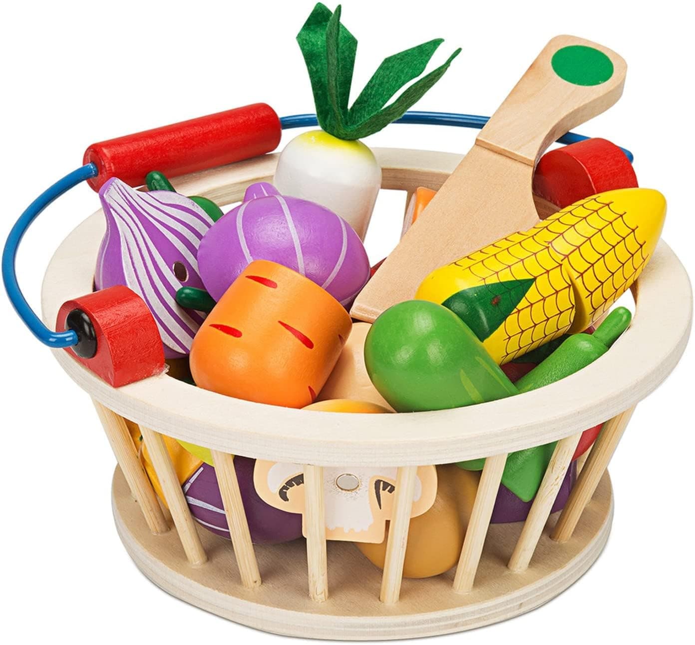 Victostar Magnetic Wooden Cutting Fruits Vegetables Food Play Toy Set with Basket for Kids