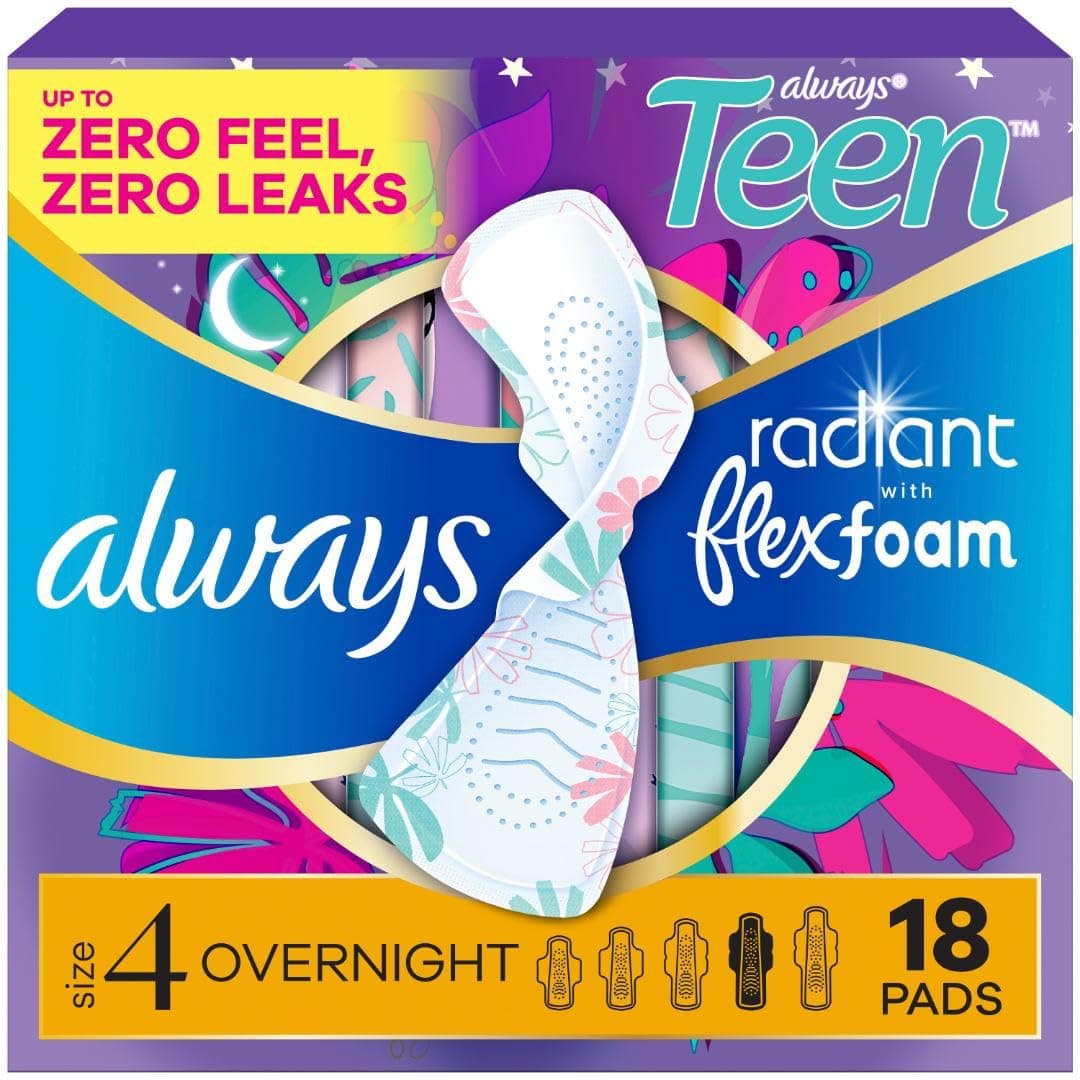 Radiant Teen Pads, Size 4, Overnight, with Wings, Unscented, 18 Count